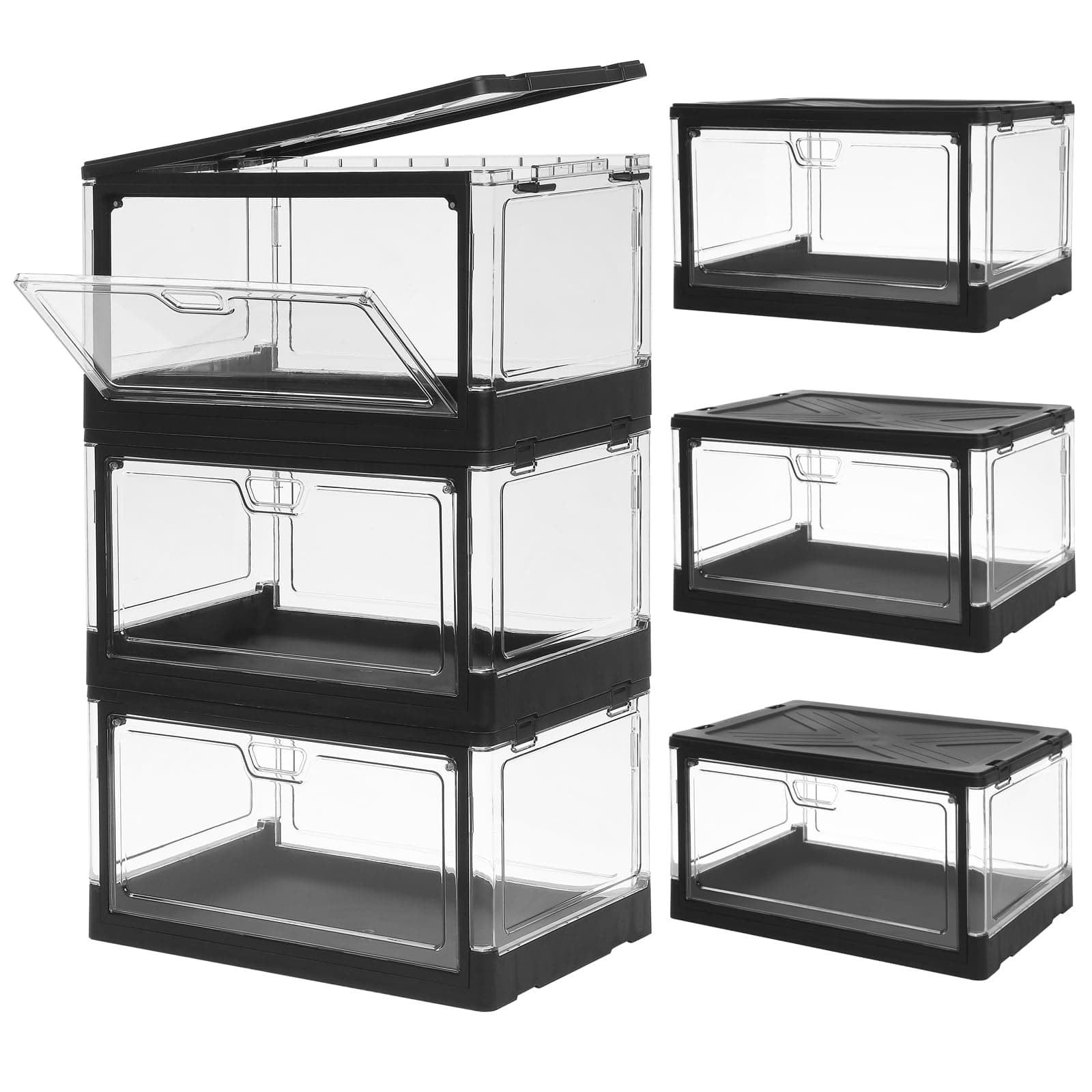 HYBRIDEAS 3-Pack Clear Stackable Storage Bins with Lids Magnetic Doors Open Front Foldable Folding Plastic Craft Containers Large Closet Organizers Box for Bedrooms Living Rooms Study 24 QT