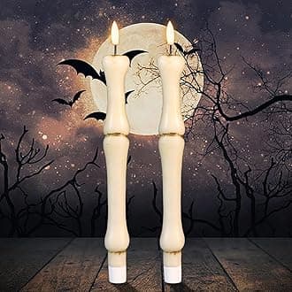 GenSwin 2 Pack Bone LED Taper Candles, Battery Operated with 6H Timer, Flickering Flame for Halloween Decorations