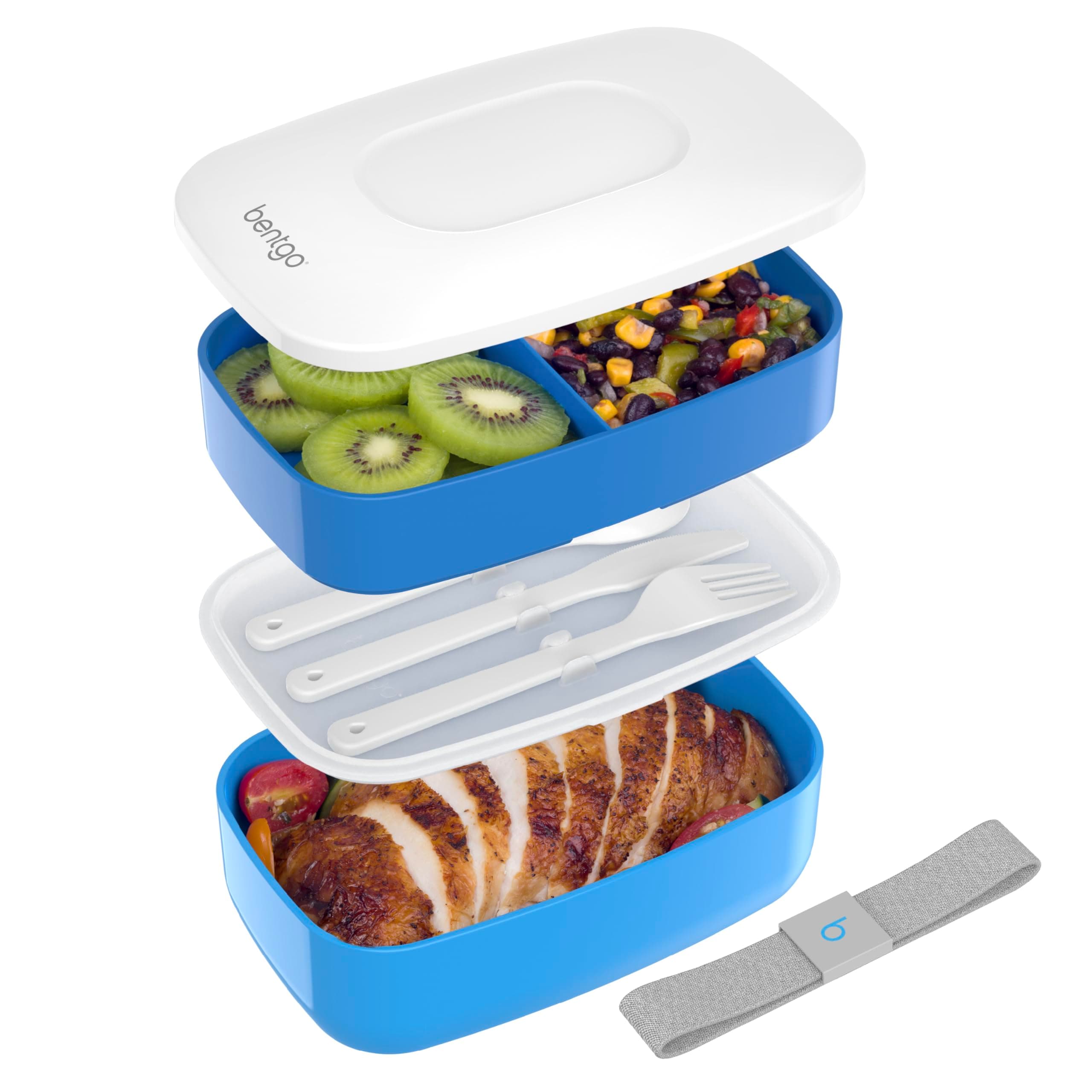 Classic - Adult Bento Box, Stackable 3-Compartment Lunch Box with Removable Utensil Set and Sealing Strap, BPA-Free, Food Container Ideal for Meal Prep, Work, and On the Go (Blue)
