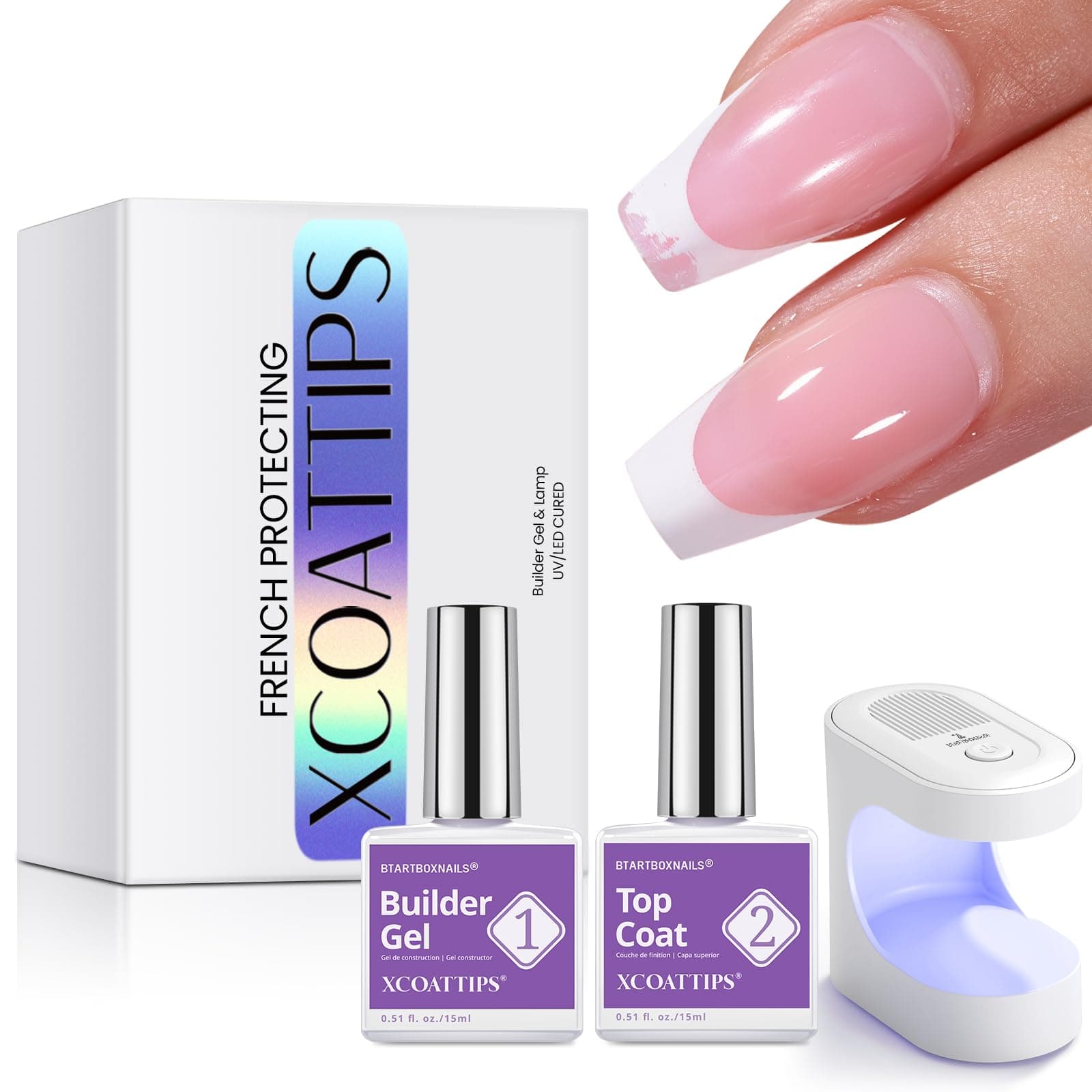 Nail Tips Builder Gel - Long Lasting 15ml Builder Gel with Portable Nail Lamp for French XCOATTIPS, 30+Days French Protection Duo Nail Extension Tool for Nail Art