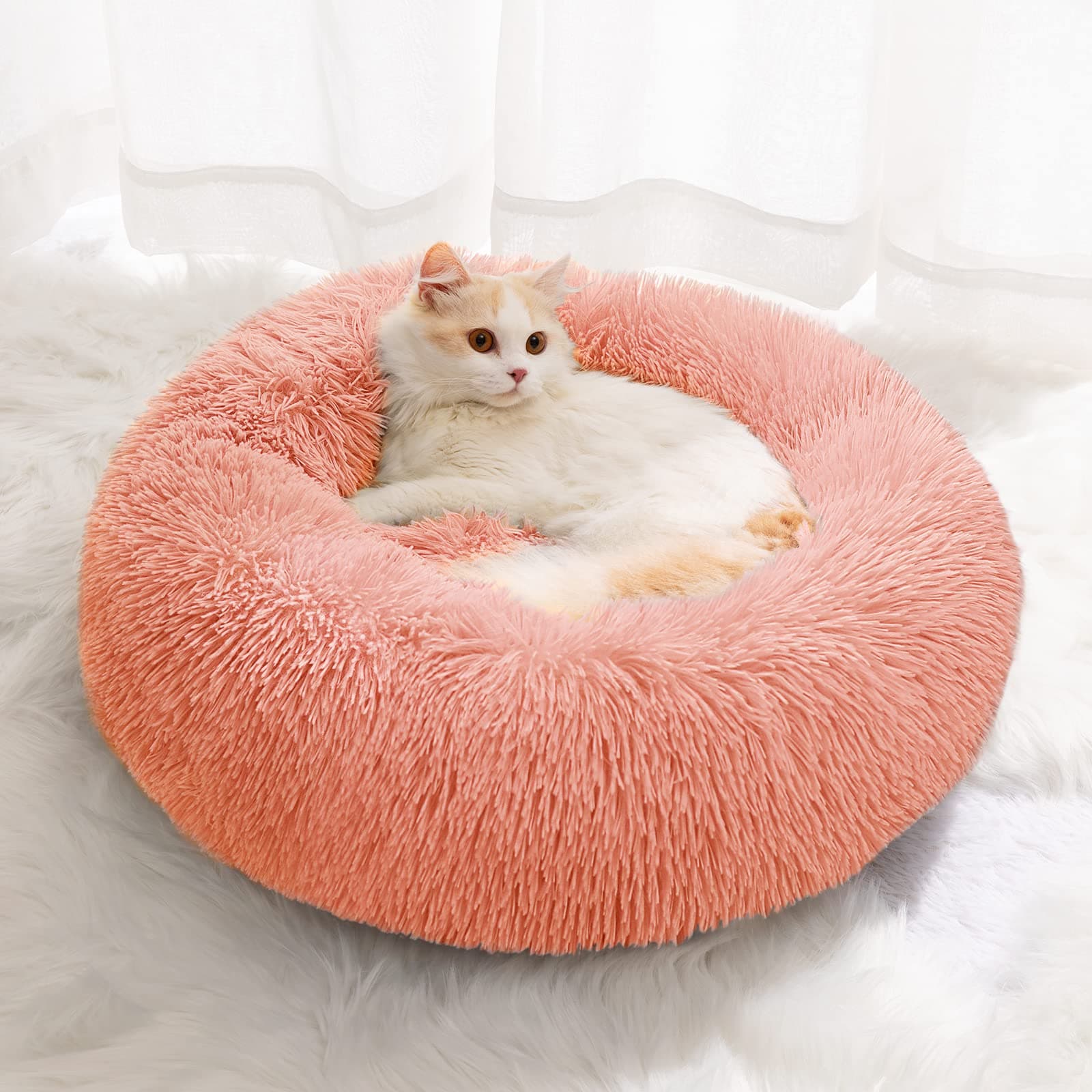 Small Cat Bed for Indoor Cats, Self-Warming Donut Kitty Bed for Small Cats Keeping Warm, Washable Pet bed with Anti Slip Base, Pink 40cm