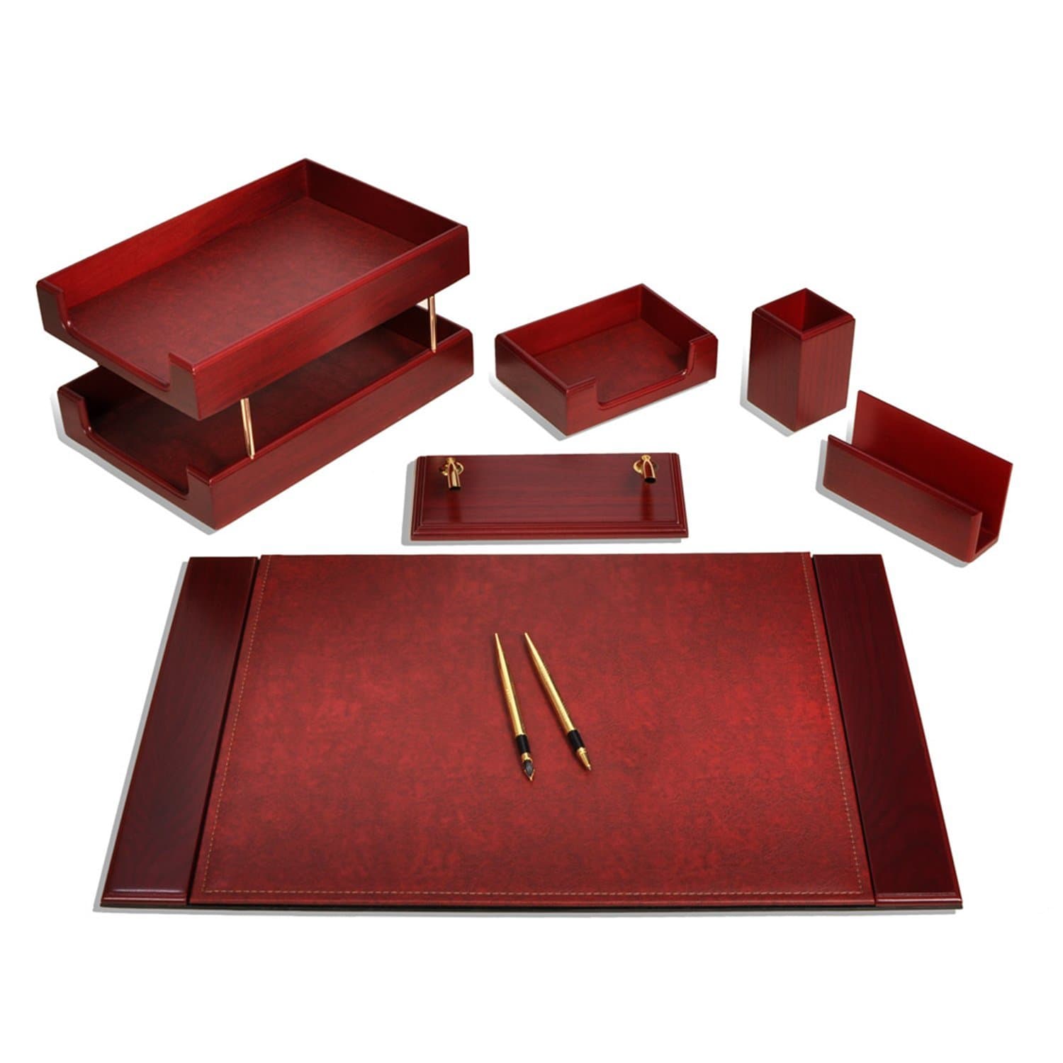 SESA 8?Piece Luxury Leather Desk Pad with Double Document Holder Office Organizer Desk Set Wood Leather in 3?Colours - black