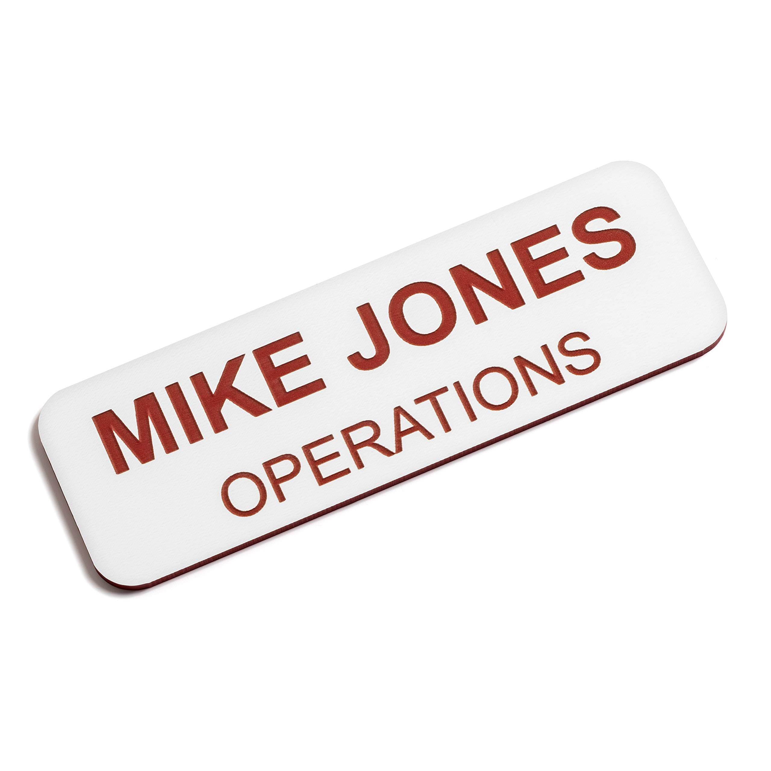 Custom Engraved Name Tag Badges – Personalized Identification with Pin or Magnetic Backing, 1 Inch x 3 Inches, White/Red