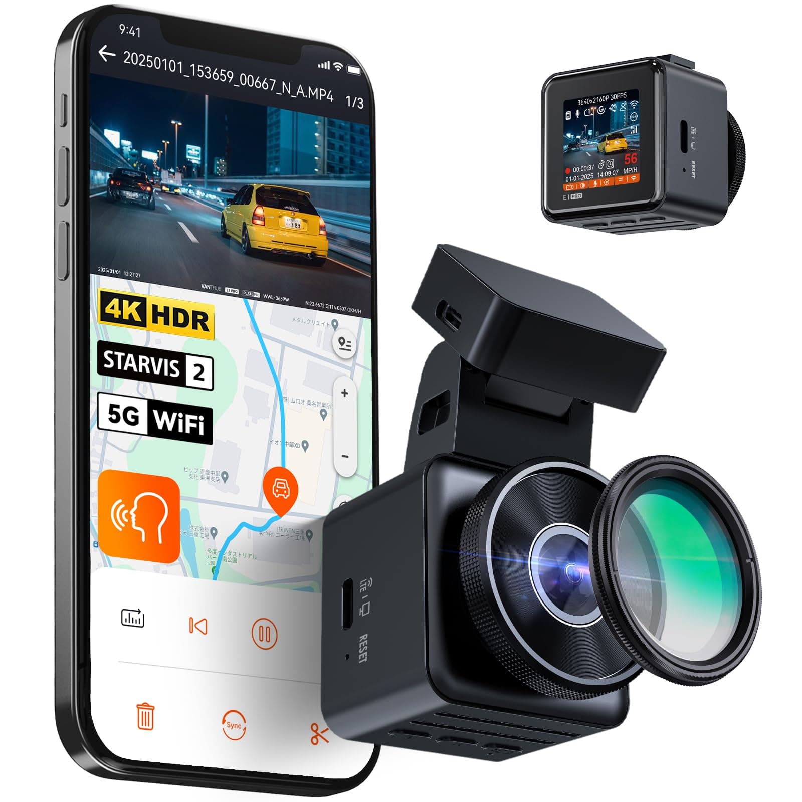 Vantrue E1 Pro 4K Mini Dash Cam Front, STARVIS 2 PlatePix™ HDR Night Vision Car Camera, Built-in 5G WiFi GPS, 1.54'' IPS Screen, LTE Support, Voice Control, 24/7 Buffered Parking Mode, Support 1TB Max