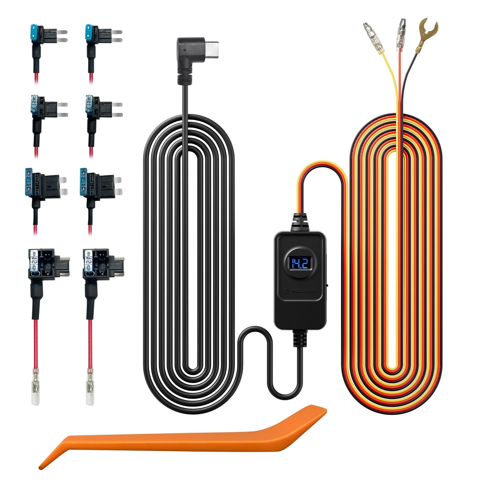 Dash Cam Hardwire Kit USB C Port, Dashboard Camera Car Charger Cable Kit 12V- 24V to 5V w/Fuse Kit, Low Voltage Protection for Dash Cam Double-4 Fuses