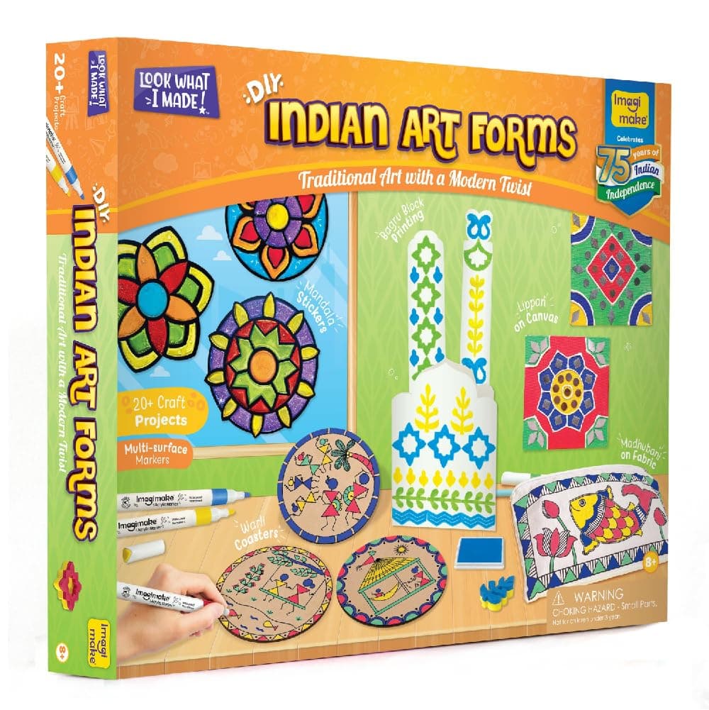 - Imagimake Learn Indian Art Forms-Arts and Craft DIY Kit for Kids, Ages 8-12, 5 Indian Art Forms-Madhubani, Warli, Lippan, Mandala & Block Printing, Perfect DIY Craft Kit for Kids