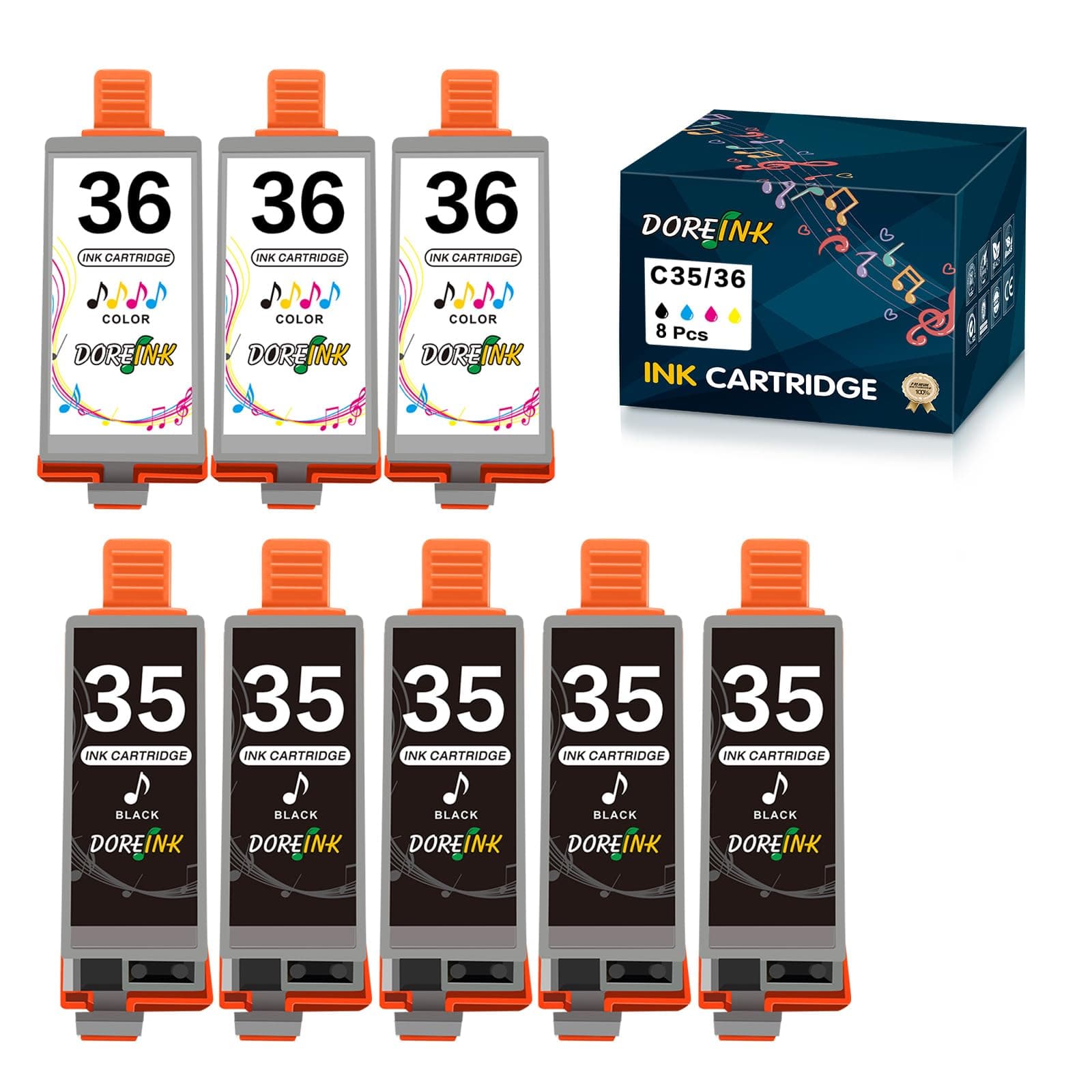 PGI-35/CLI-36 Ink Replacements for Canon 35 36 Ink Cartridge Compatible with Canon Pixma iP110 iP100 TR150 Printer(5 Black, 3 Tri-Color) 8 Pack