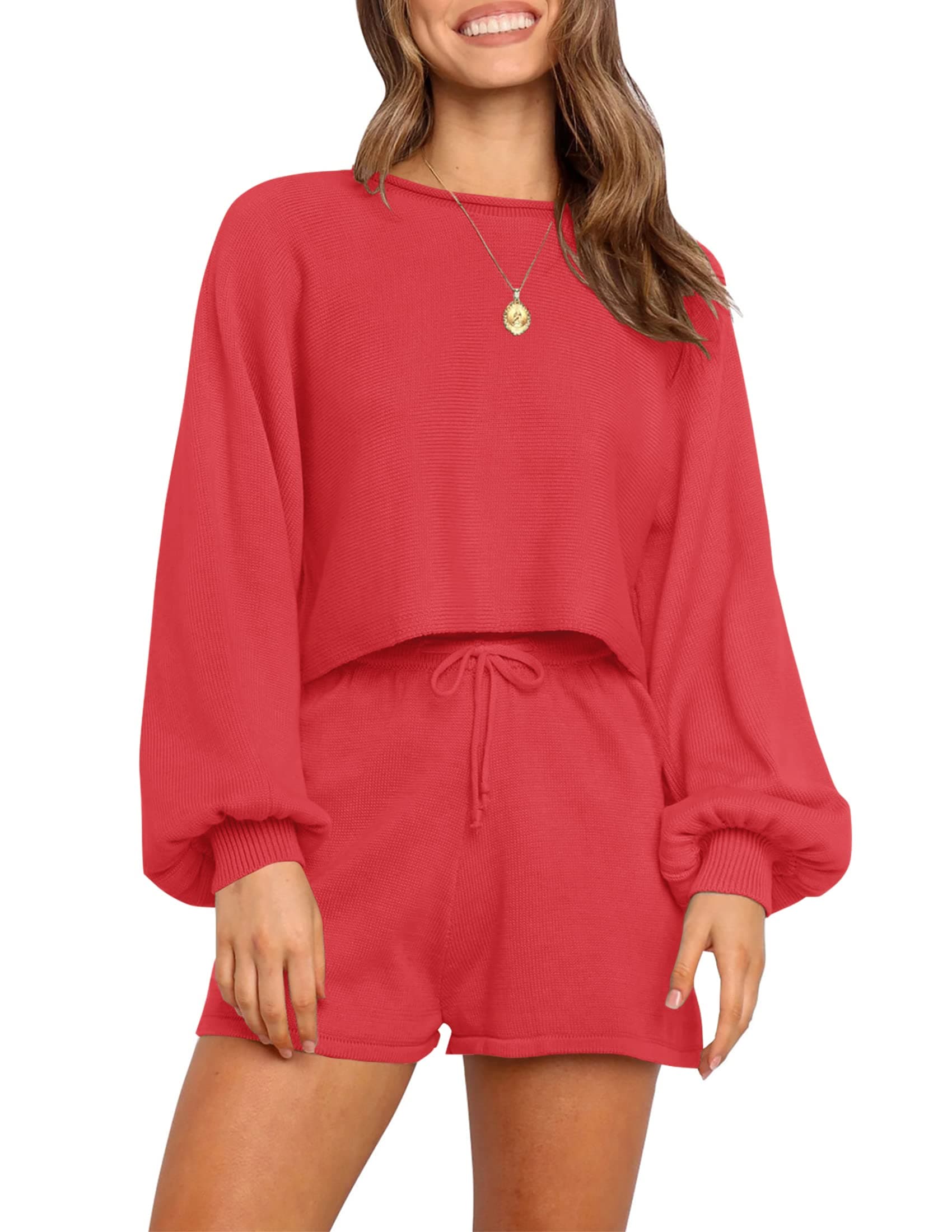 ZESICAWomen's Casual Long Sleeve Solid Color Knit Pullover Sweatsuit 2 Piece Short Sweater Outfits Sets