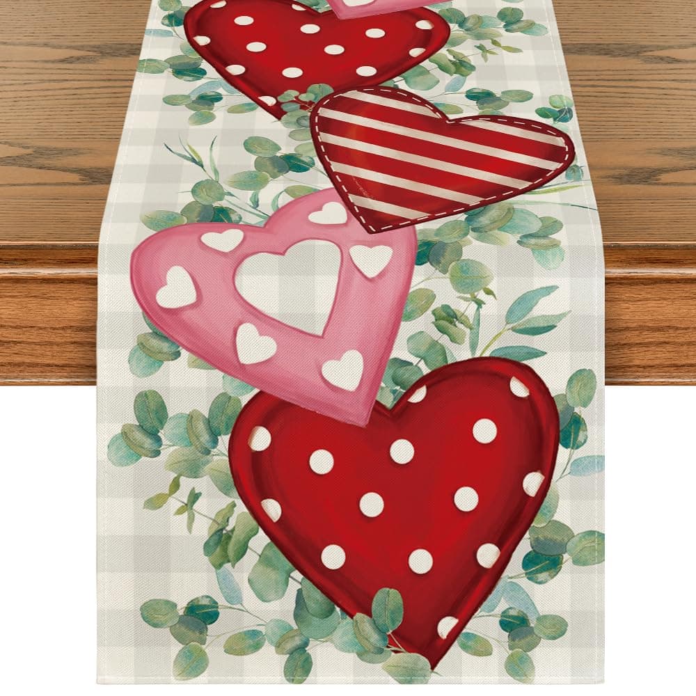 Artoid Mode Eucalyptus Polka Dot Hearts Valentine's Table Runner, HoliKitchen Dining Table Decoration for Home Party Indoor 13x72 Inch
