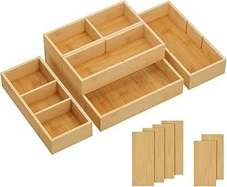 Lifewit Drawer Organizers 5 Pack(11 Grid) with 6 Inserts, Adjustable Bamboo Wooden Drawer Dividers, Stackable Storage Box for Utensils, Silverware, Makeup, Junk in Kitchen/Bathroom/Office/Vanity