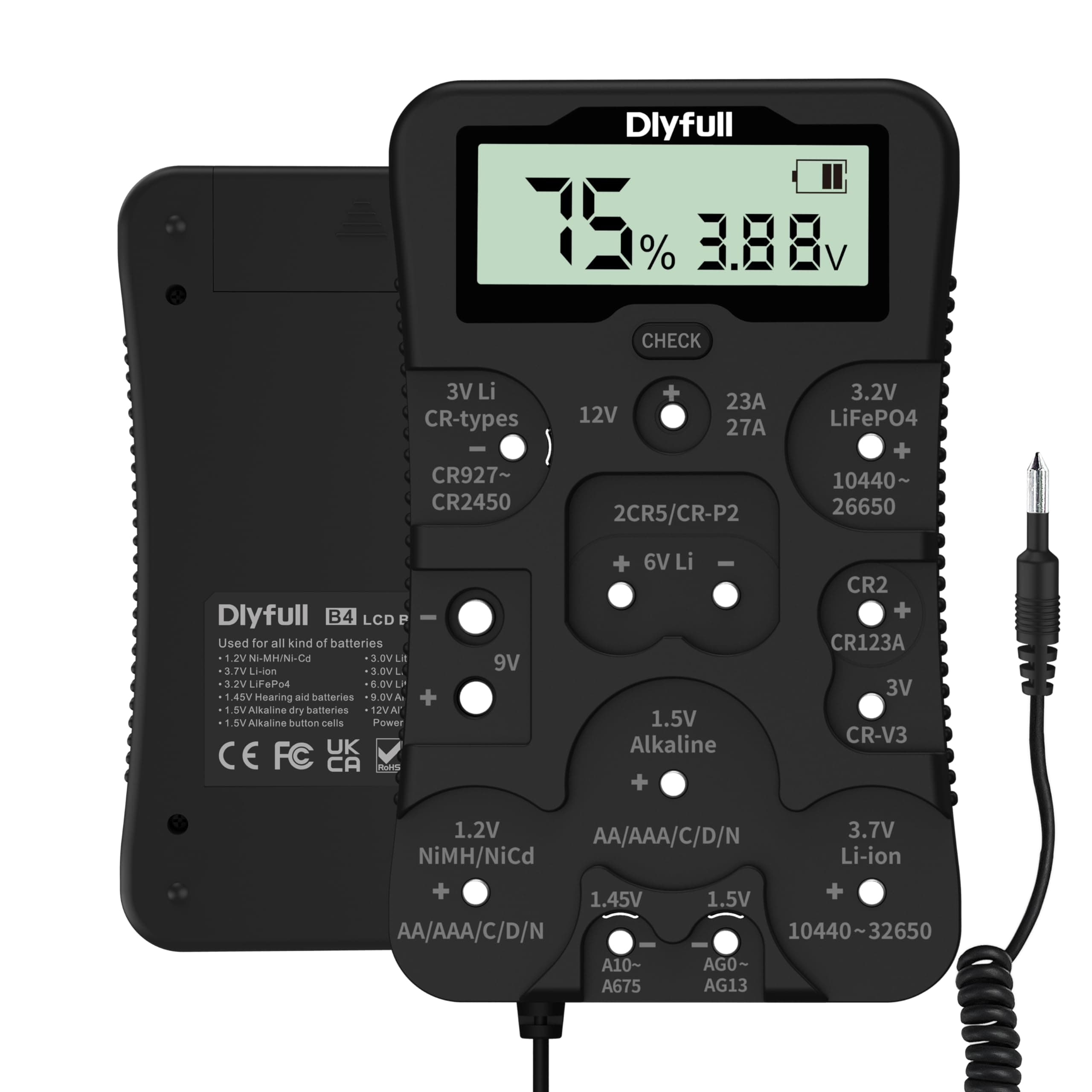Dlyfull Universal Battery Tester with LCD Display Battery Checker Voltage/Power for AA AAA C D 9V 1.2V Alk & Rechargeable CR2032 CR123A CR2 CRV3 6V 12V 3.2V 3.7V 18650 1.5V/3V Button Cell Batteries