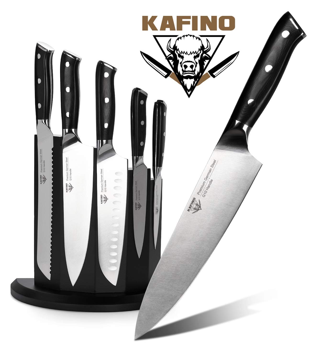 Knife Set Block - 5-Piece Kitchen Knife Set with Block - Chefs knife German Stainless Steel with G10 Handles - wood magnetic knife holder.