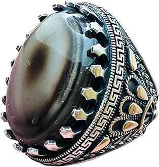 EsmawishNatural Large Yemen Sulaimani Devil Eye Yemeni Agate Yemen Aqeeq for Ring Natural Yemen Agate Stone 925 Sterling Silver Men's Ring عقیق یمانی