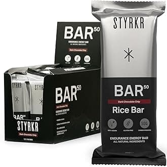 BAR50 Energy Bars - Pack of 12 Rice Bars for Cycling & Running - Dark Chocolate Chip Flavour - Approved by Endurance Athletes - 50g of Carbs via Advanced Dual-Carb Formulation - 12x Pack