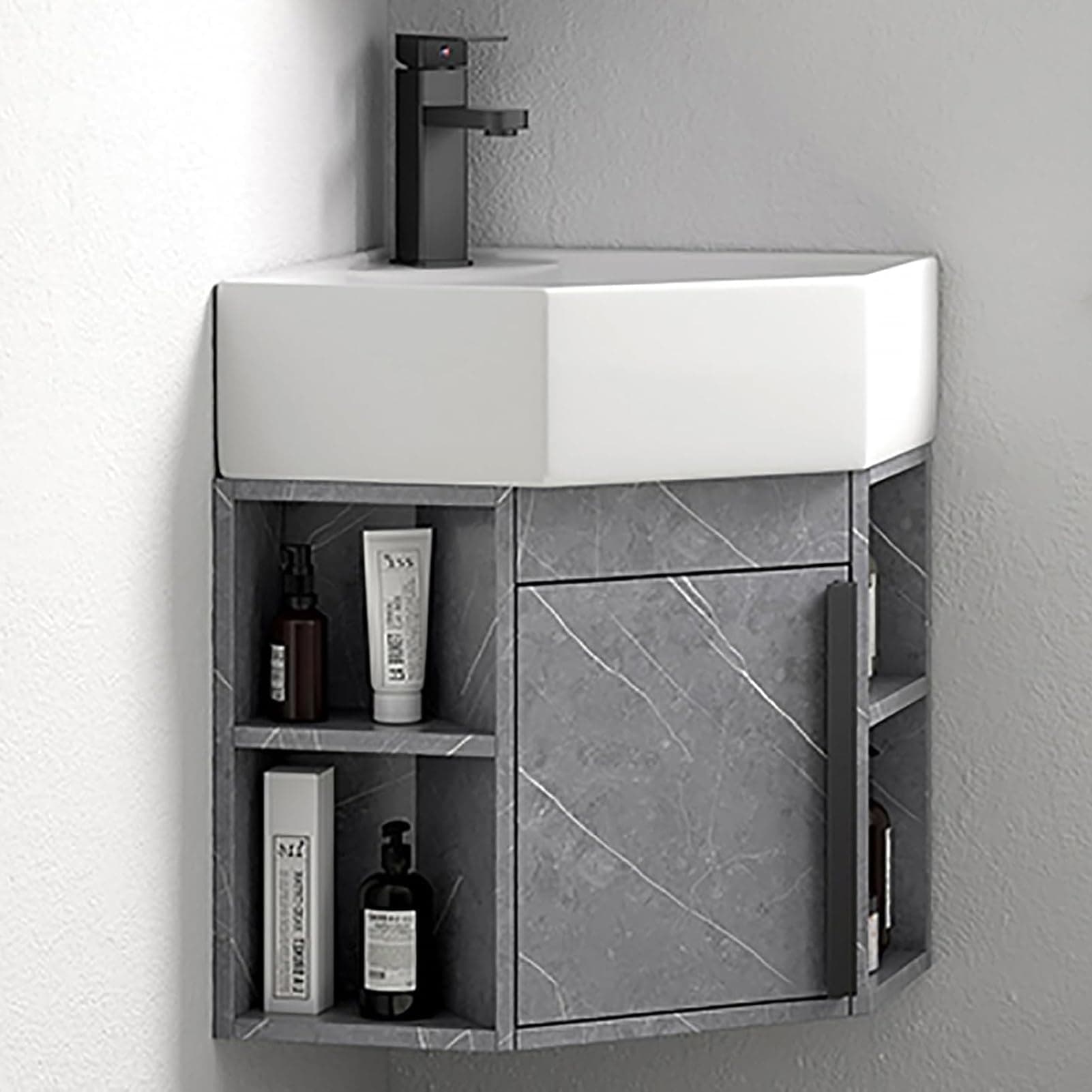 Corner Washbasin - Wall Mounted Ceramic Vanity Unit with Storage, Space-Saving Floating Basin for Small Bathrooms (16" x 40cm) - Ideal for Small Spaces