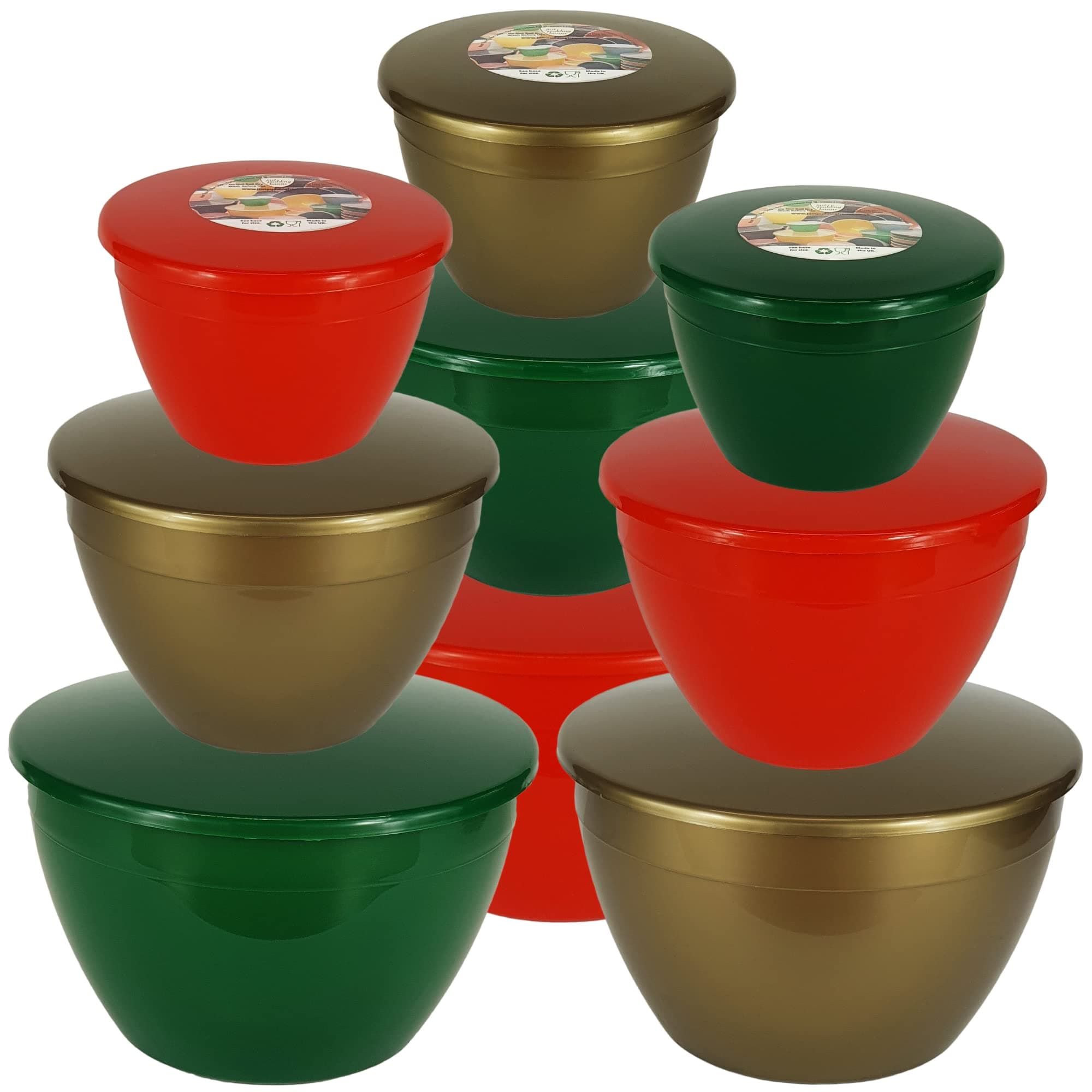 Just Pudding Basins 9 Christmas Pudding Basin Bowls and Lids Sizes 20, 40 and 60 fl oz in 3 Festive Colors Red, Xmas Green and Gold
