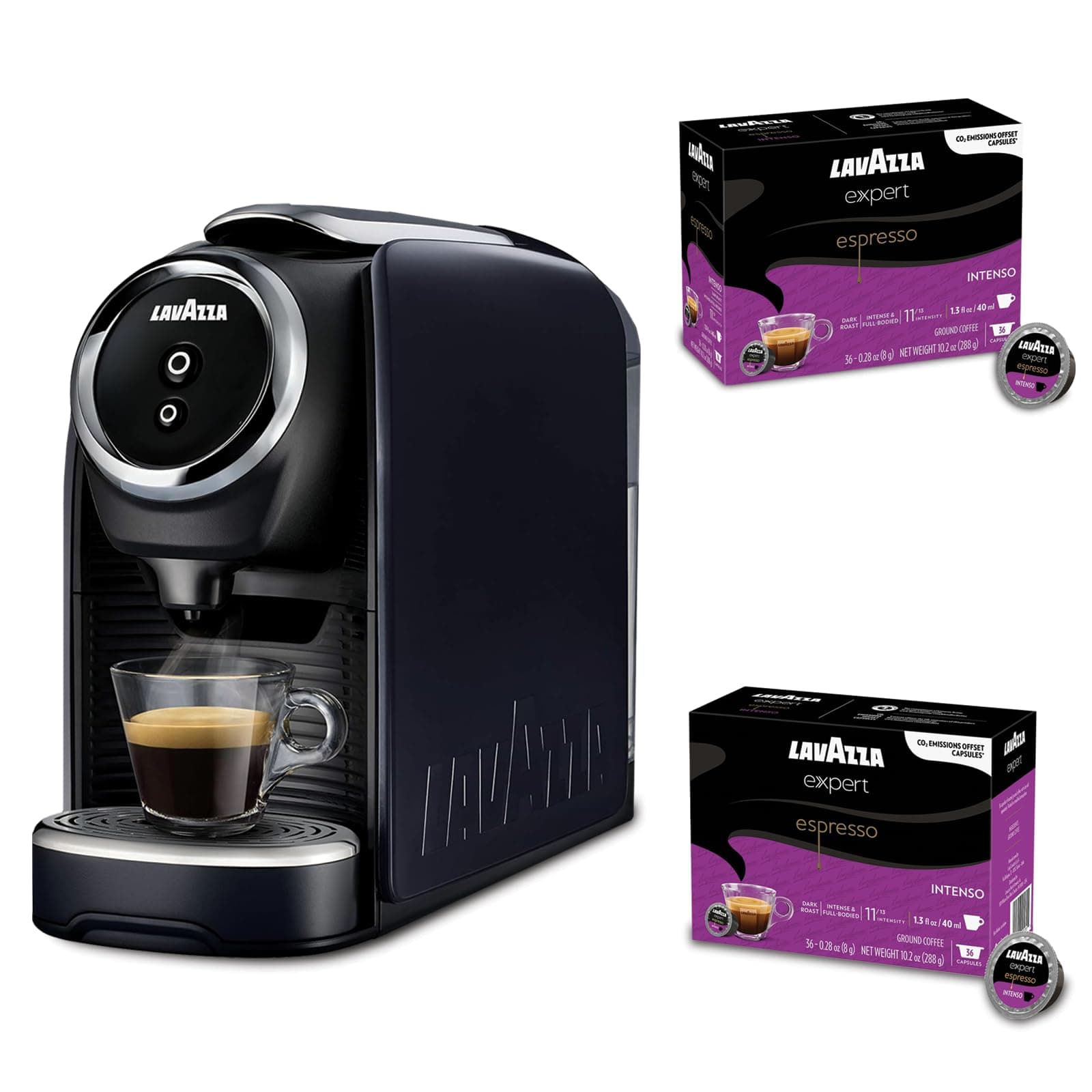 Classy Mini Espresso Coffee Machine – 72 Count Intenso Capsules – Compact Single-Serve Brewer Compatible BLUE & Expert Pods
