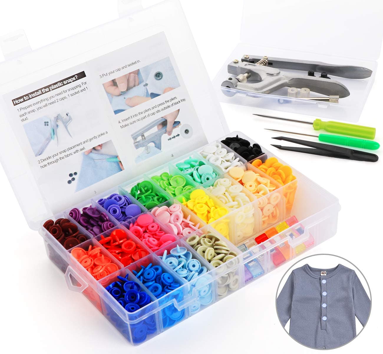 ilauke Snap Pliers + 400 Sets T5 Plastic Snap Buttons Fasteners 20 Colors Poppers Press DIY Studs Tools with 2 Clear Storage Boxes …