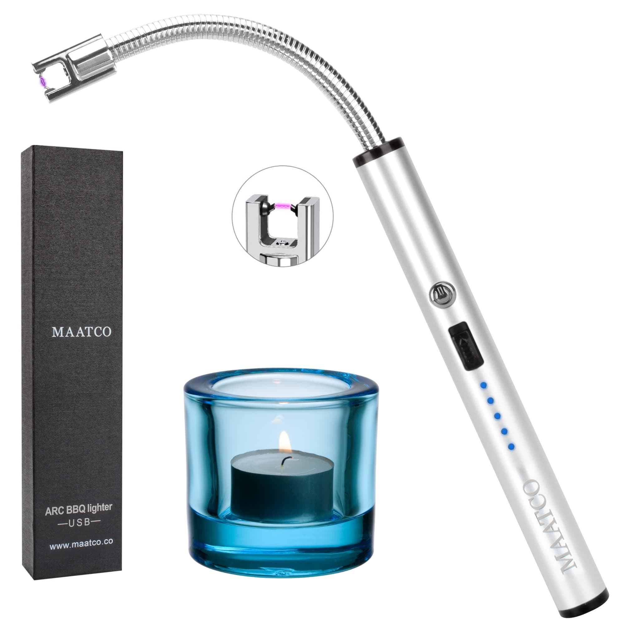 Maatco Lighter Electric Lighter Candle Lighter USB Lighter with LED Display Safety Switch Rechargeable Flexible Neck Flameless Windproof for Candle Cooking BBQ Fireworks