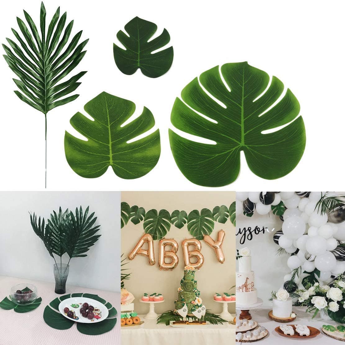 STSTECH Artificial Palm Leaves Monstera Faux Tree Fronds Simulation Leaf for Luau Hawaiian Moana Tropical Themed Party Decoration Birthday Table Gift Decorations,48PCS(4Kinds)