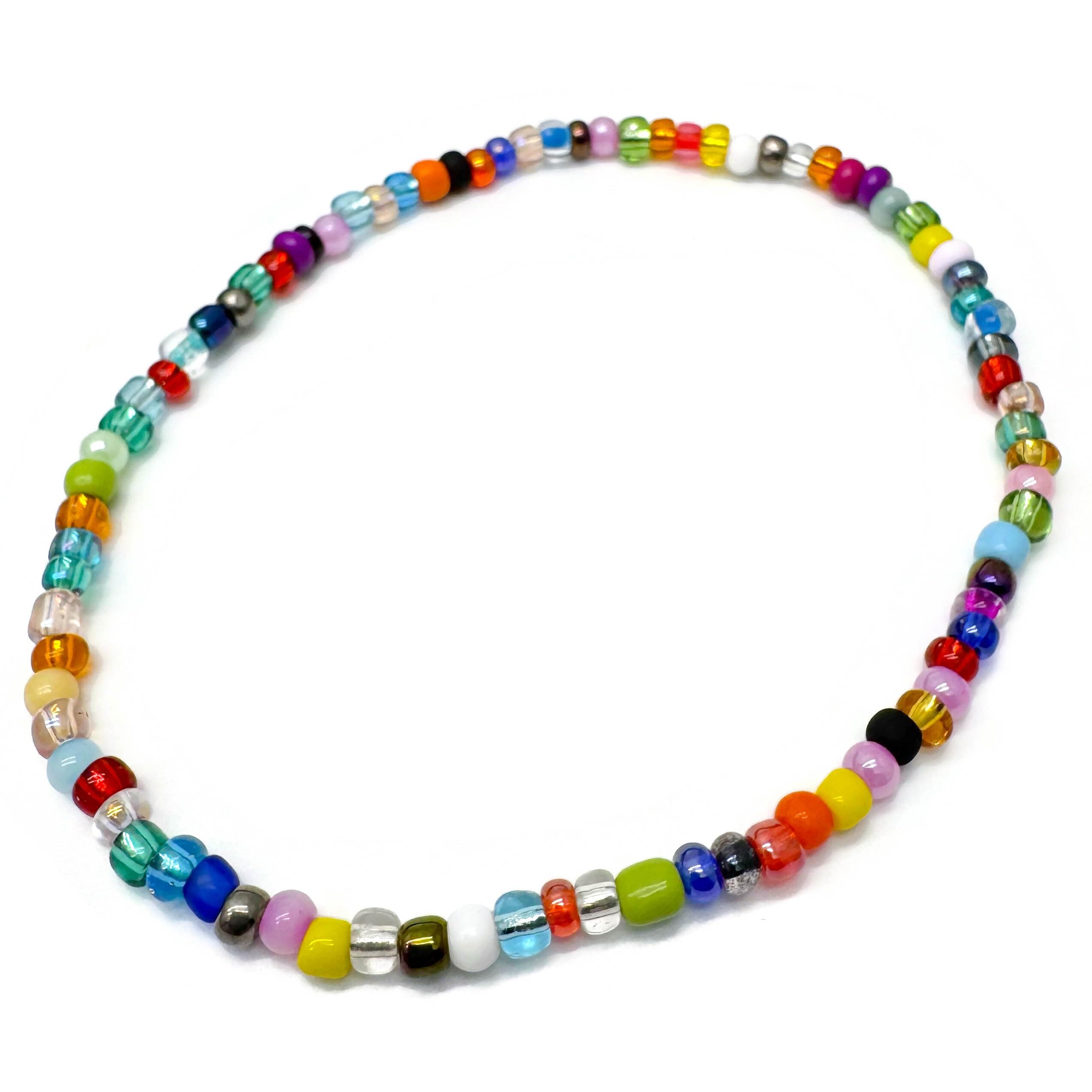Multi-Colour Glass Seed Bead Anklet on Elastic, Colourful Handmade Design : Size M/L 10 inches, Beach Boho Summer Colours, Everyday Jewellery for Women