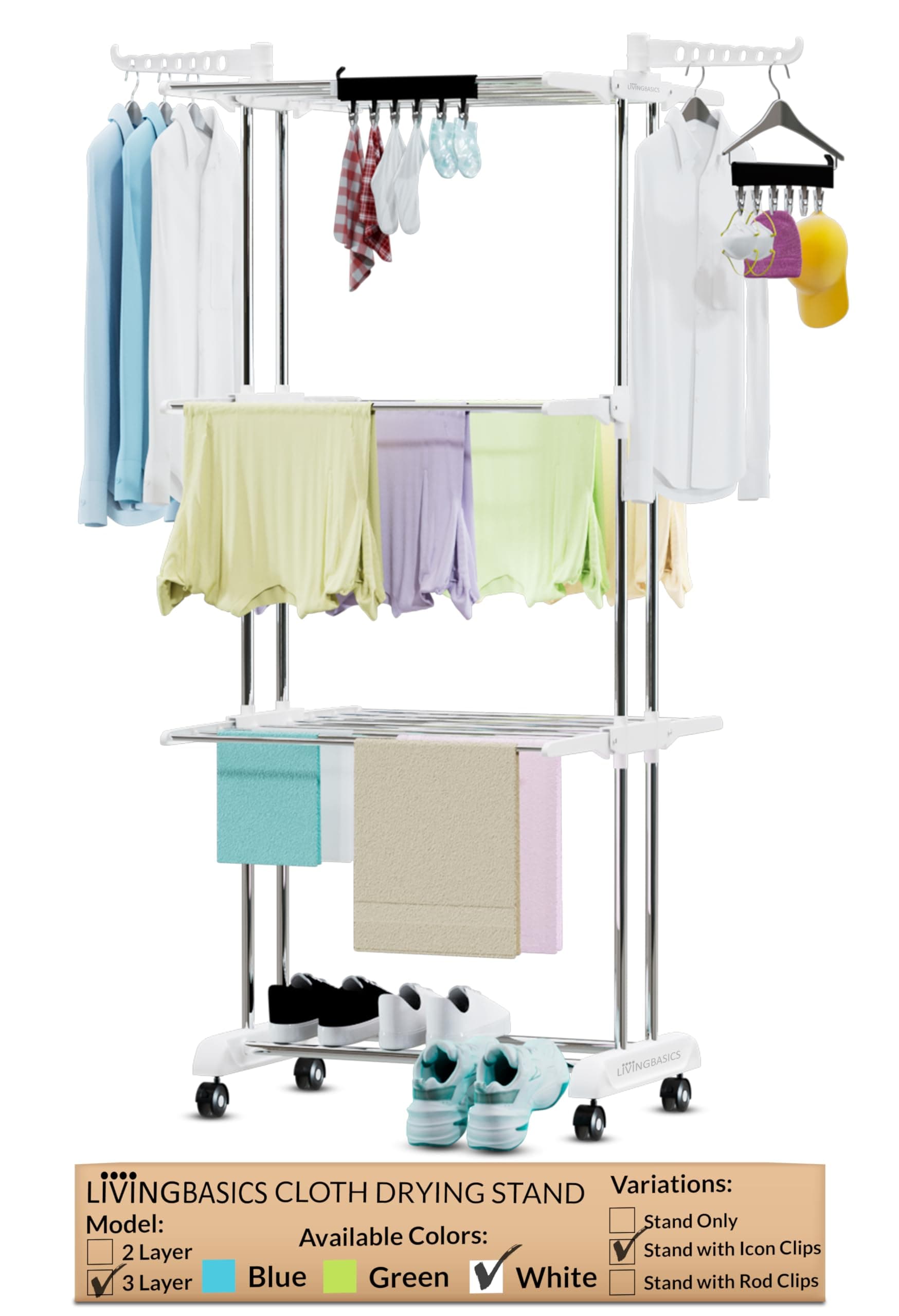 - LIVINGBASICS 2 Icon Clips with 3 Layer Clothes Stand for Drying/Cloth Drying Stand for Balcony/Stainless Steel Dryer Rack (Snow White, 64 x 174 x 74 cm)