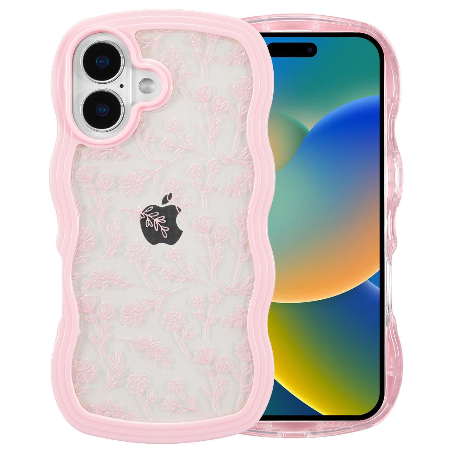 QLTYPRI Compatible with iPhone 16 Case, Cute Curly Wave Frame Clear Case for Girls Women, Flower Clear TPU Bumper Slim Soft Silicone Shockproof Protective Phone Cover for iPhone 16 - Pink Floral