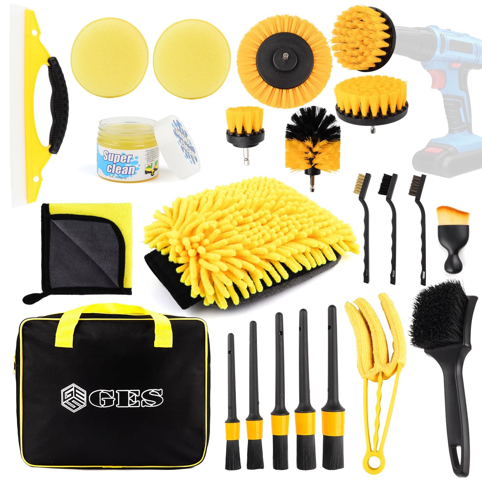 GES 22-Piece Car Cleaning Kit - Complete Detailing Set for Interior, Exterior, Wheels, Leather, Vents & Dashboard (Yellow)