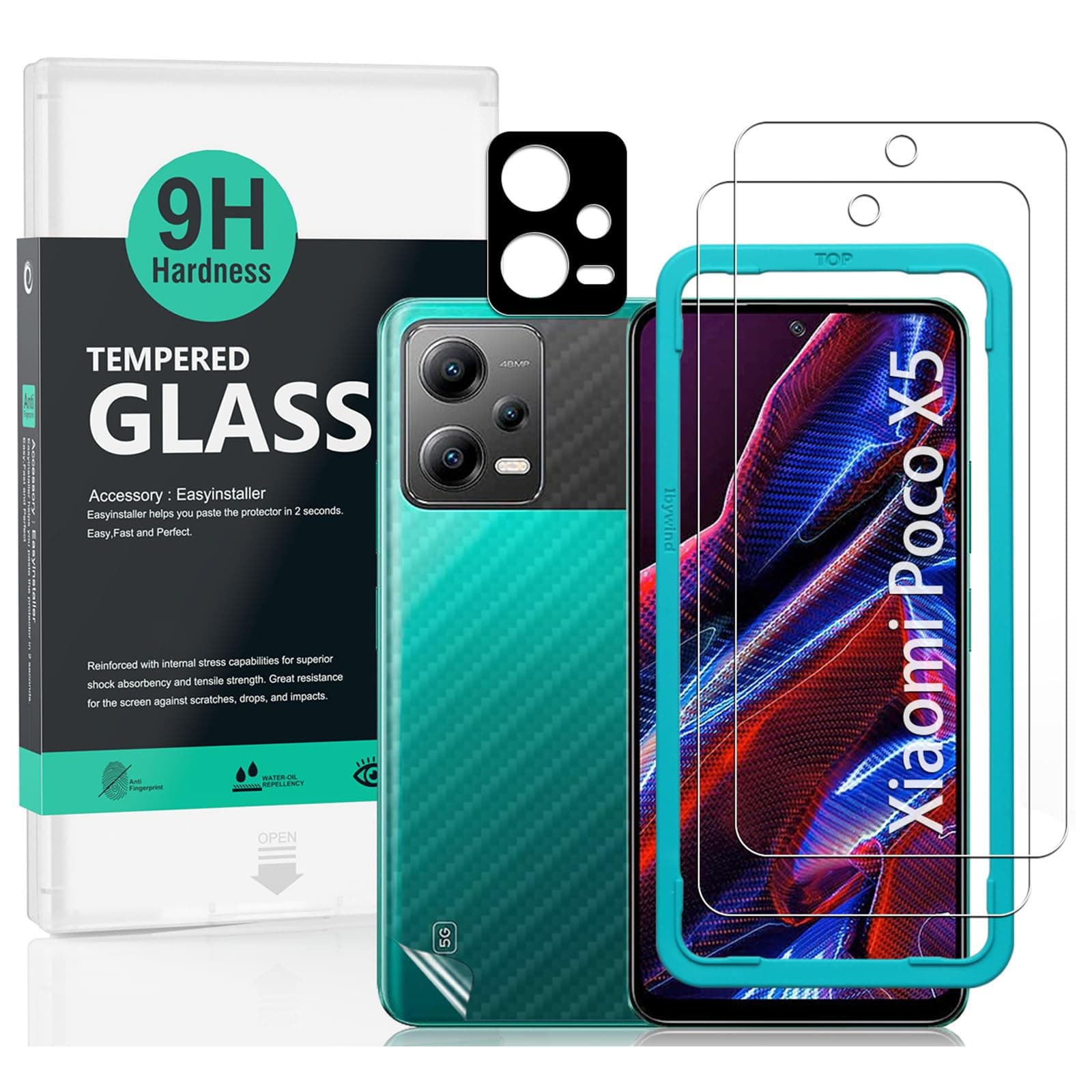 Ibywind Screen Protector for Xiaomi Poco X5 5G(6.67") 2 Pack+1 Pack Camera Len Protector+1 Back Film,9H Tempered Glass,HD Clear,Scratch Resistant,Bubble Free,Easy Install,Fingerprint Compatible