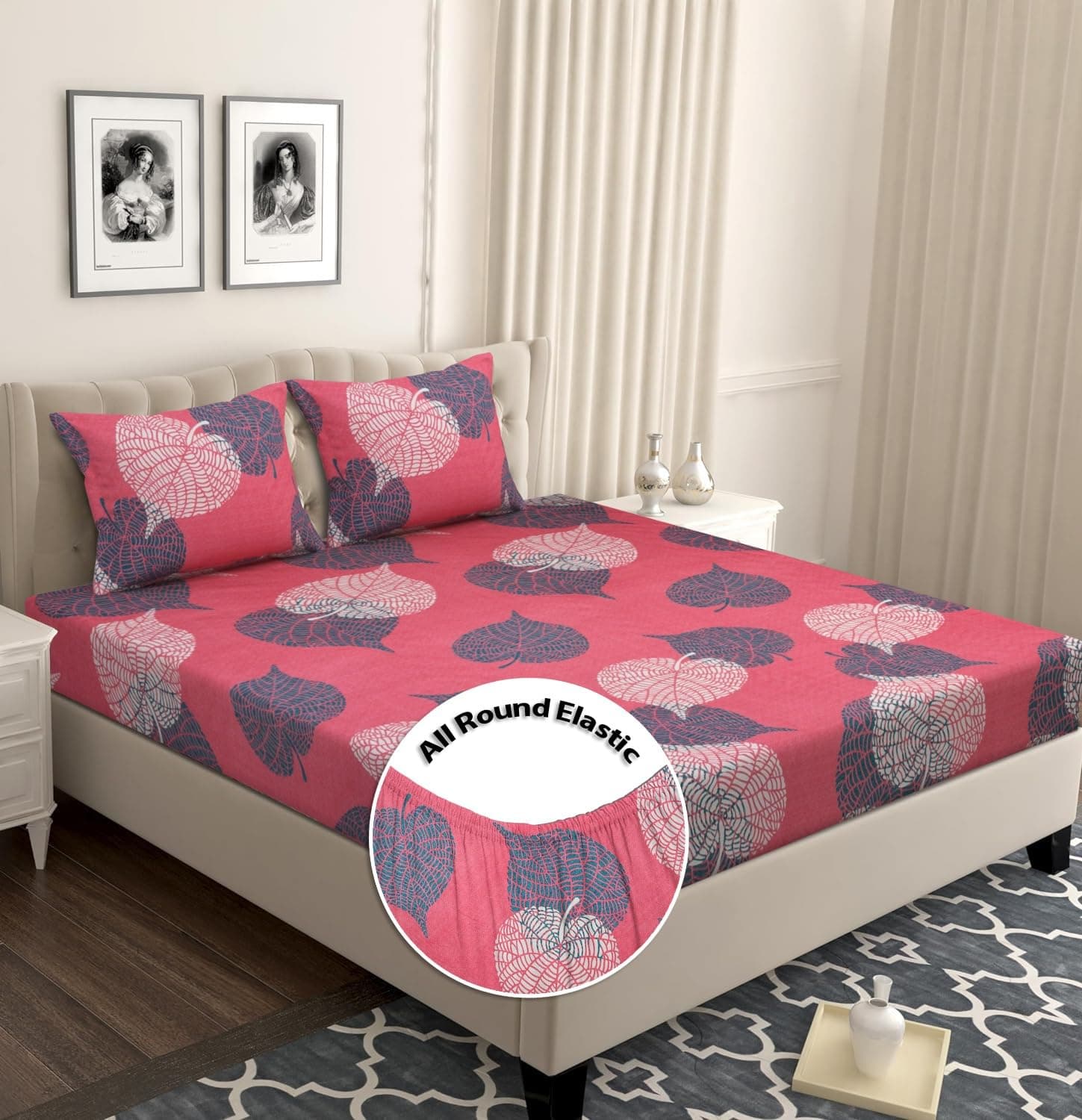 BSB HOME Premium Microfiber All Round Elastic Fitted Bedsheets for King Size Bed with 2 Pillow Covers 220 TC Supersoft |Wrinkel Free Bed Cover Size - 72x78+8 inches | Light Pink and Grey