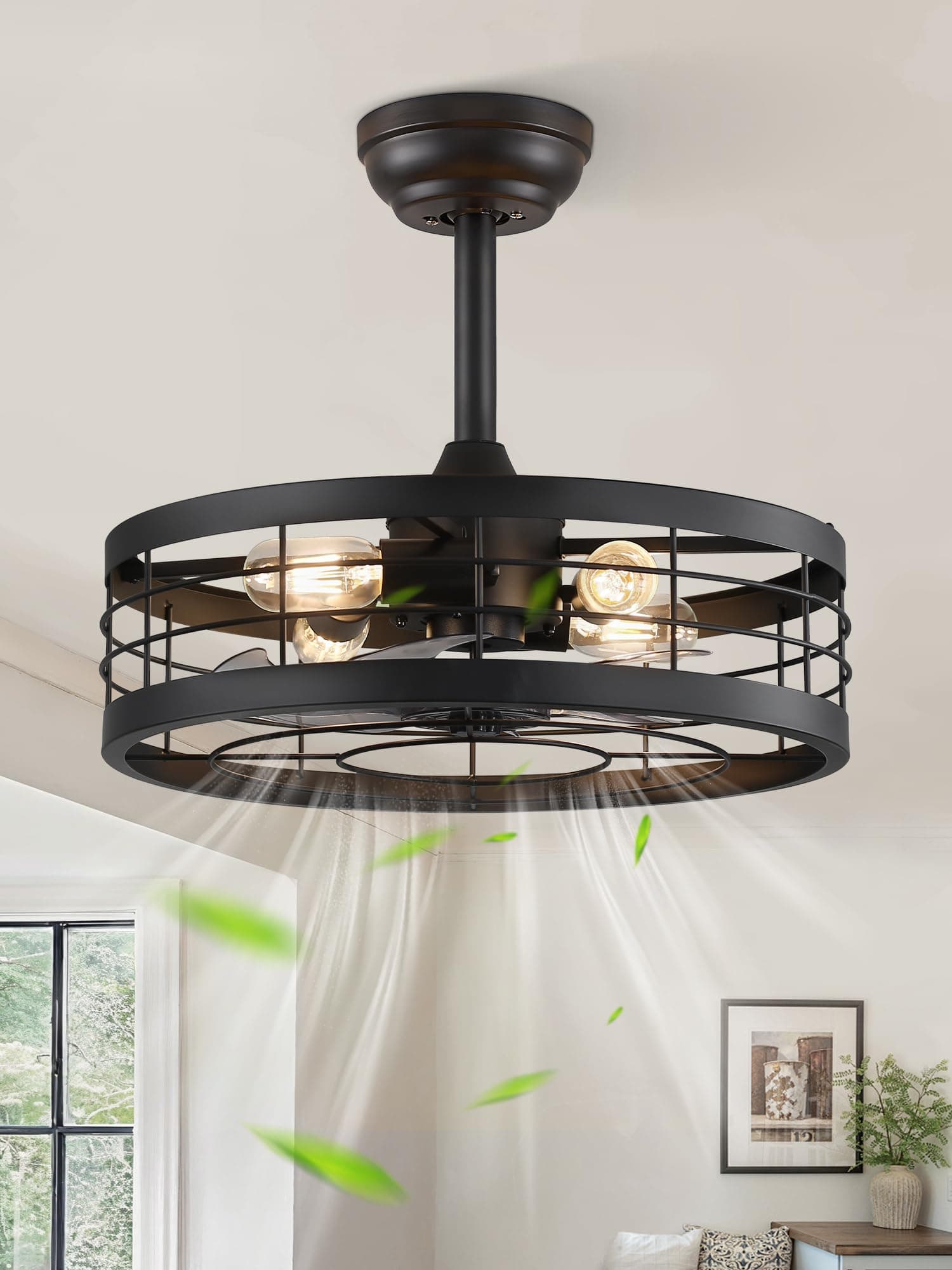 18 inch Black Caged Ceiling Fan with Light, Bladeless Industrial Ceiling Fan with Remote, Farmhouse Fan Lights Ceiling Fixtures for Kitchen, Bedroom, Outdoor(6 Speed, Timing)-Black