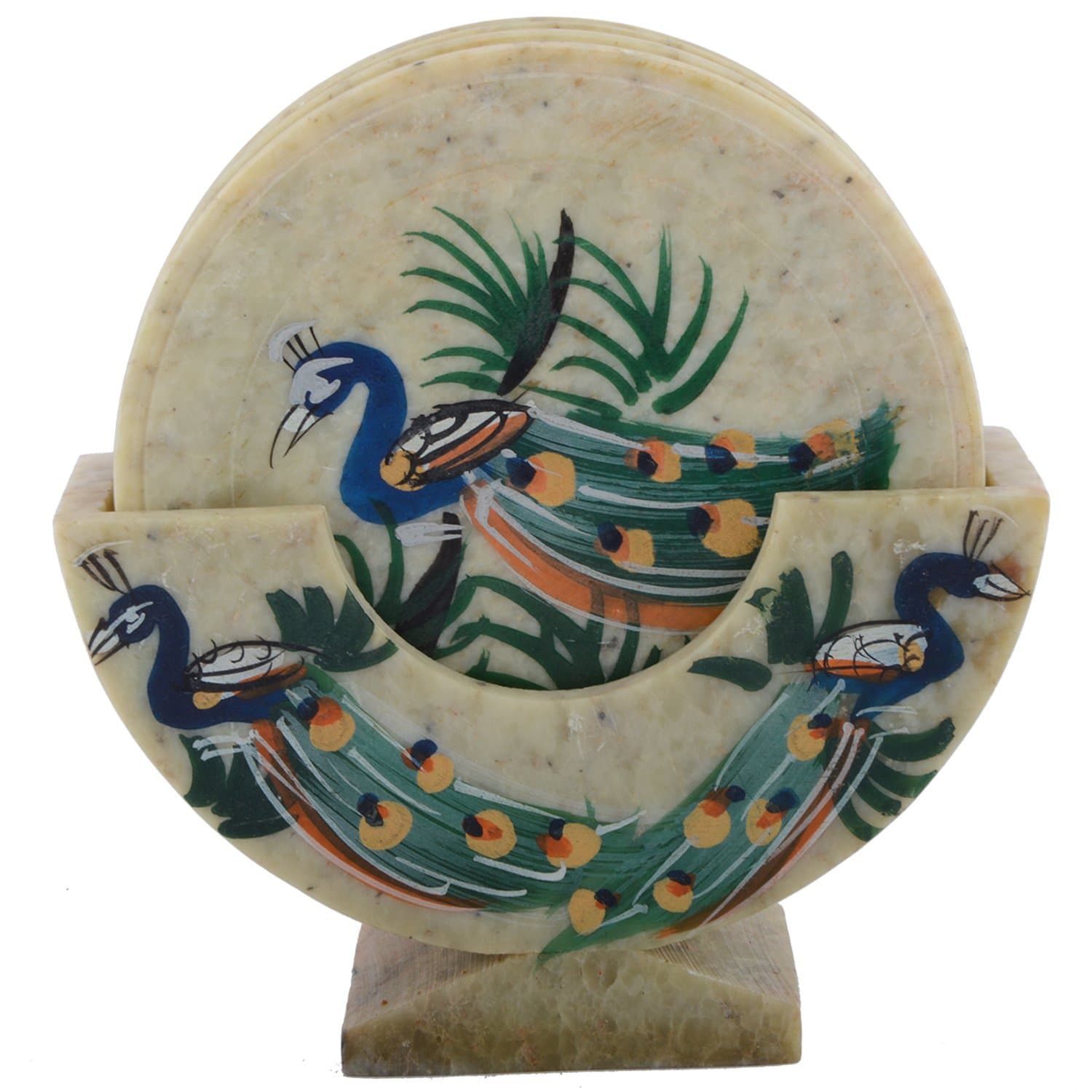UPHDC Handmade Stone Coaster Set with Beautiful Peacock Print (Set of 6) - 6 Inch, Natural