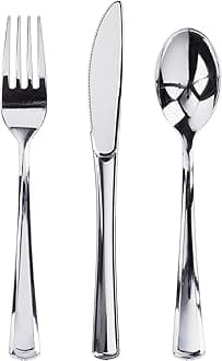 Prestee 600 Plastic Silverware Set, Silver Plastic Utensils, Disposable Flatware Set with Forks 200, Spoons, Knives, Heavy-Duty Bulk Silverwares for Christmas Parties and Events