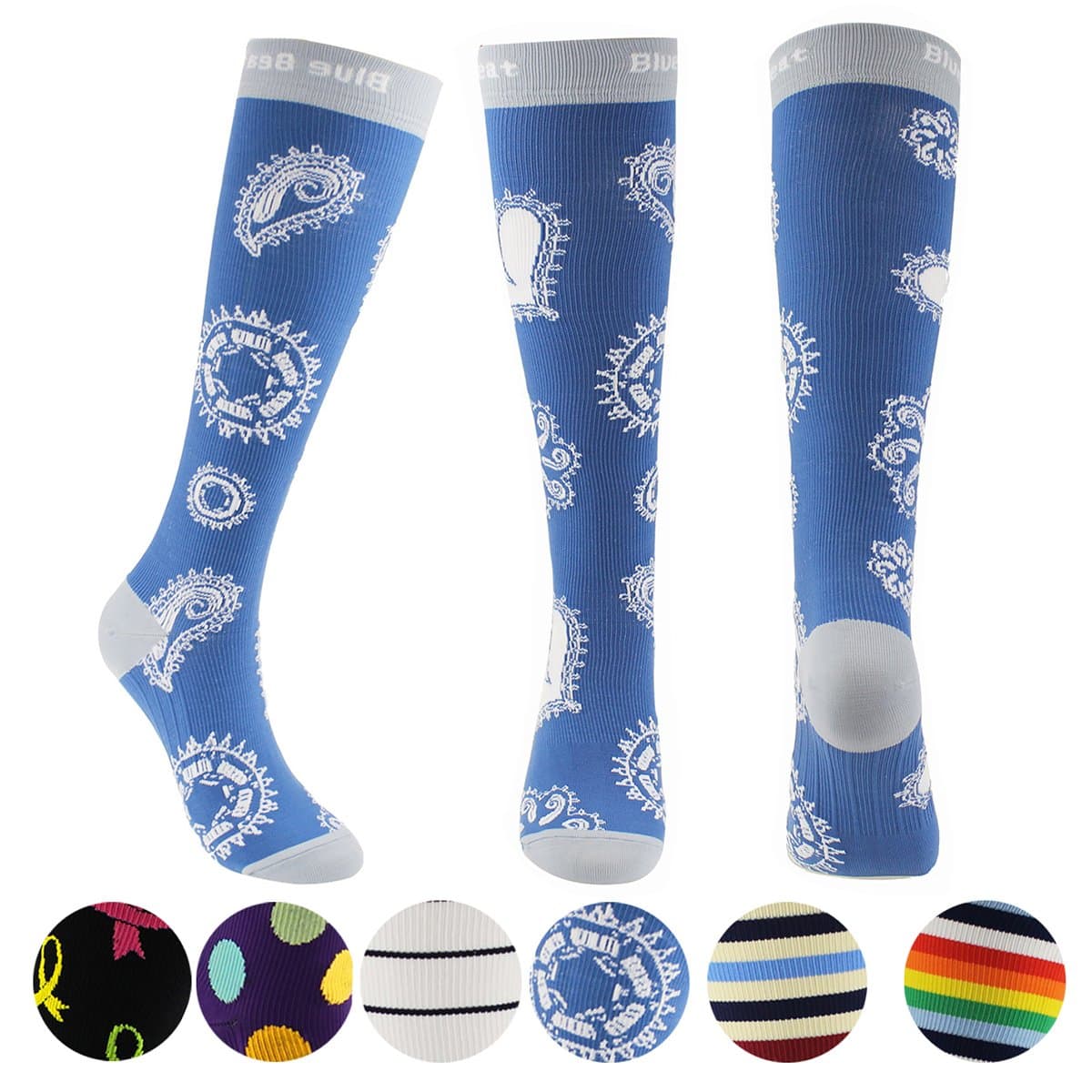 Blue Beat Floral Graduated Compression Socks for Women for Flight Travel, Running, Fitness, Nursing and Pregnancy- 15-20 mmHg