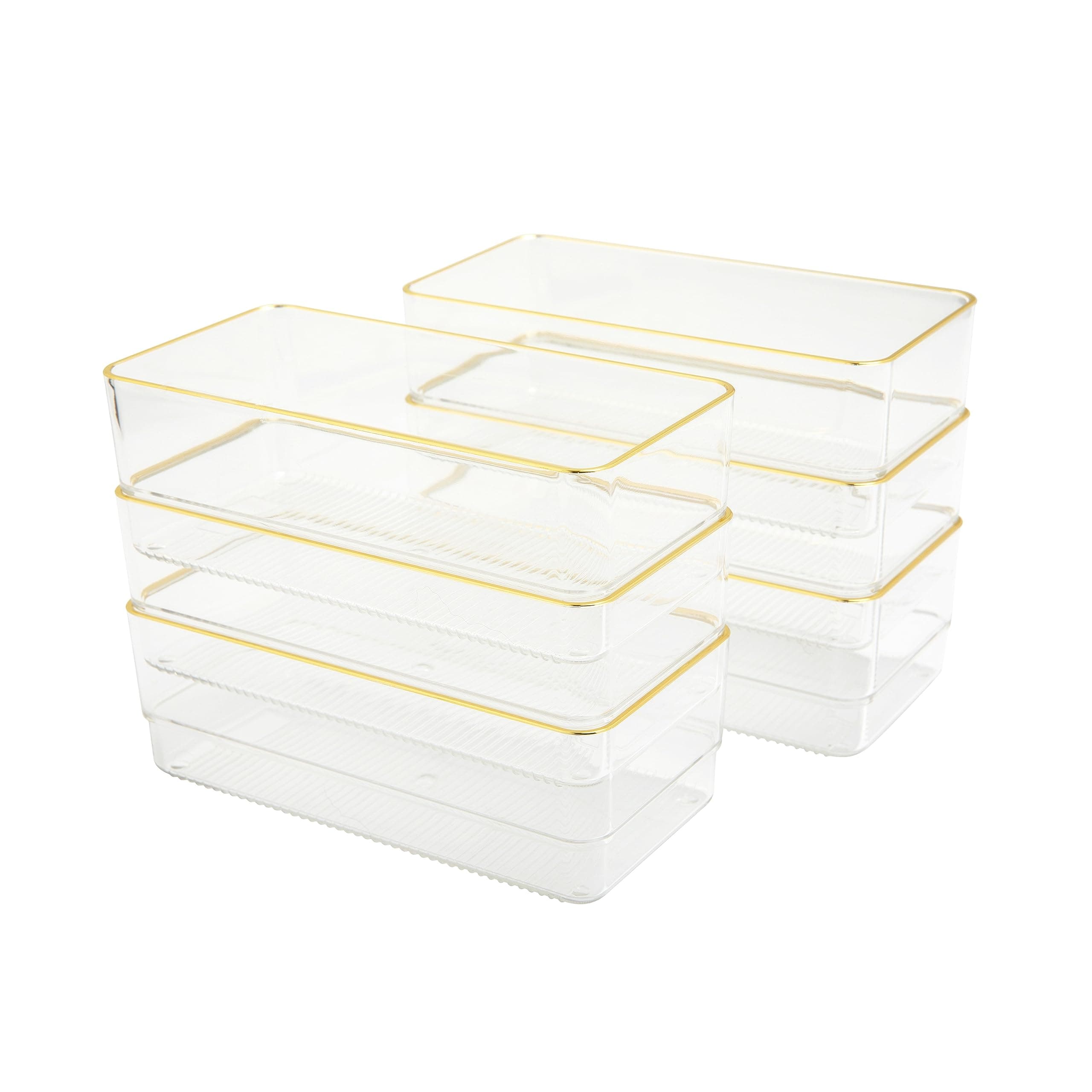 Kerry Plastic Stackable Office Desk Drawer Organizers, 6" x 3", 6 Pack, with Gold Trim