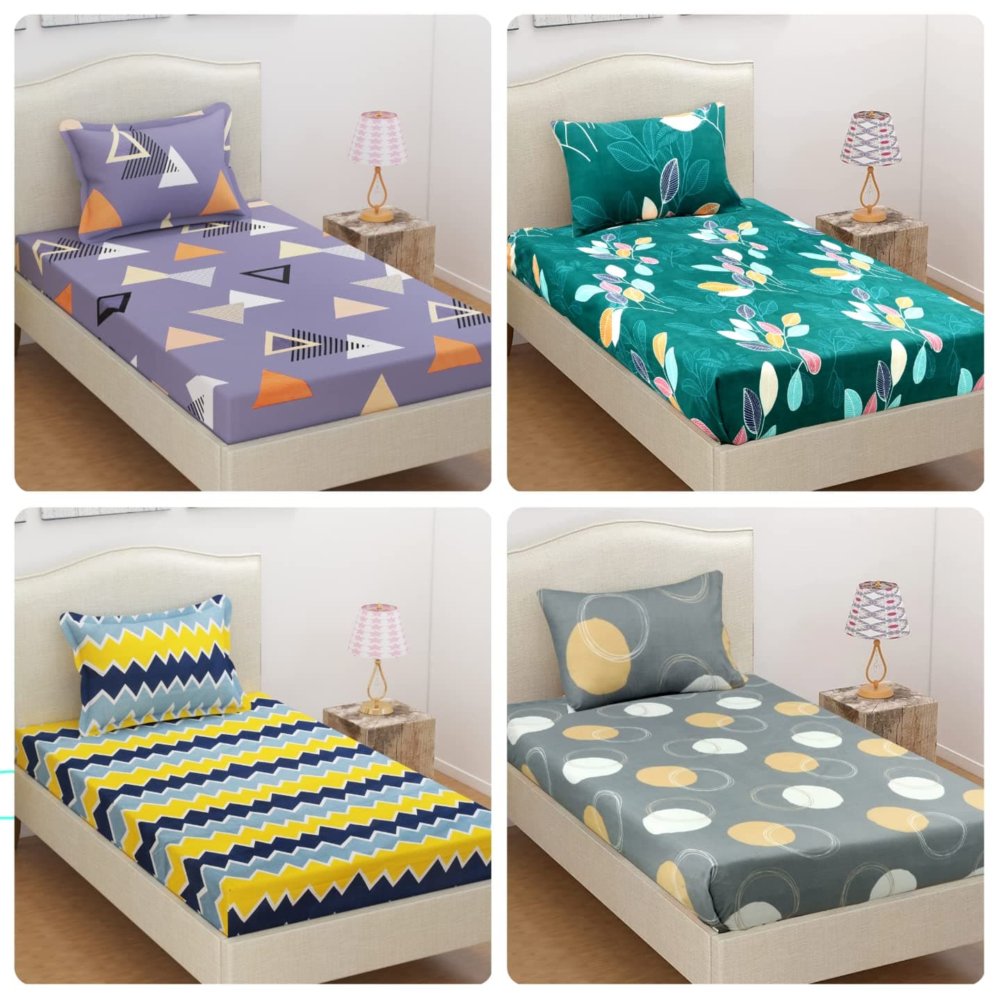 VAS COLLECTION Single Bedsheets Combo Pack of 4-144 TC Soft Brushed Microfiber - Set of 4 bedsheets with 4 Pillow Cover - Breathable & Wrinkle Free - 8 Pcs Set | Purple,Yellow, Grey & Pink