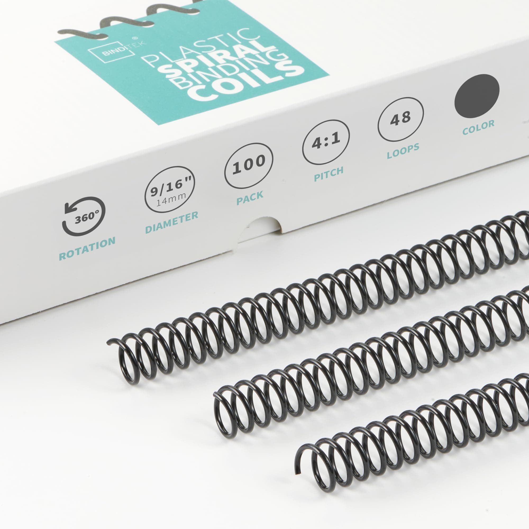 Binditek 100 Pack Plastic Spiral Binding Coils, 14mm(9/16") Binding Spirals, 115 Sheet Capacity, 4:1 Pitch, Black Binding Spines, for Students and Coworkers