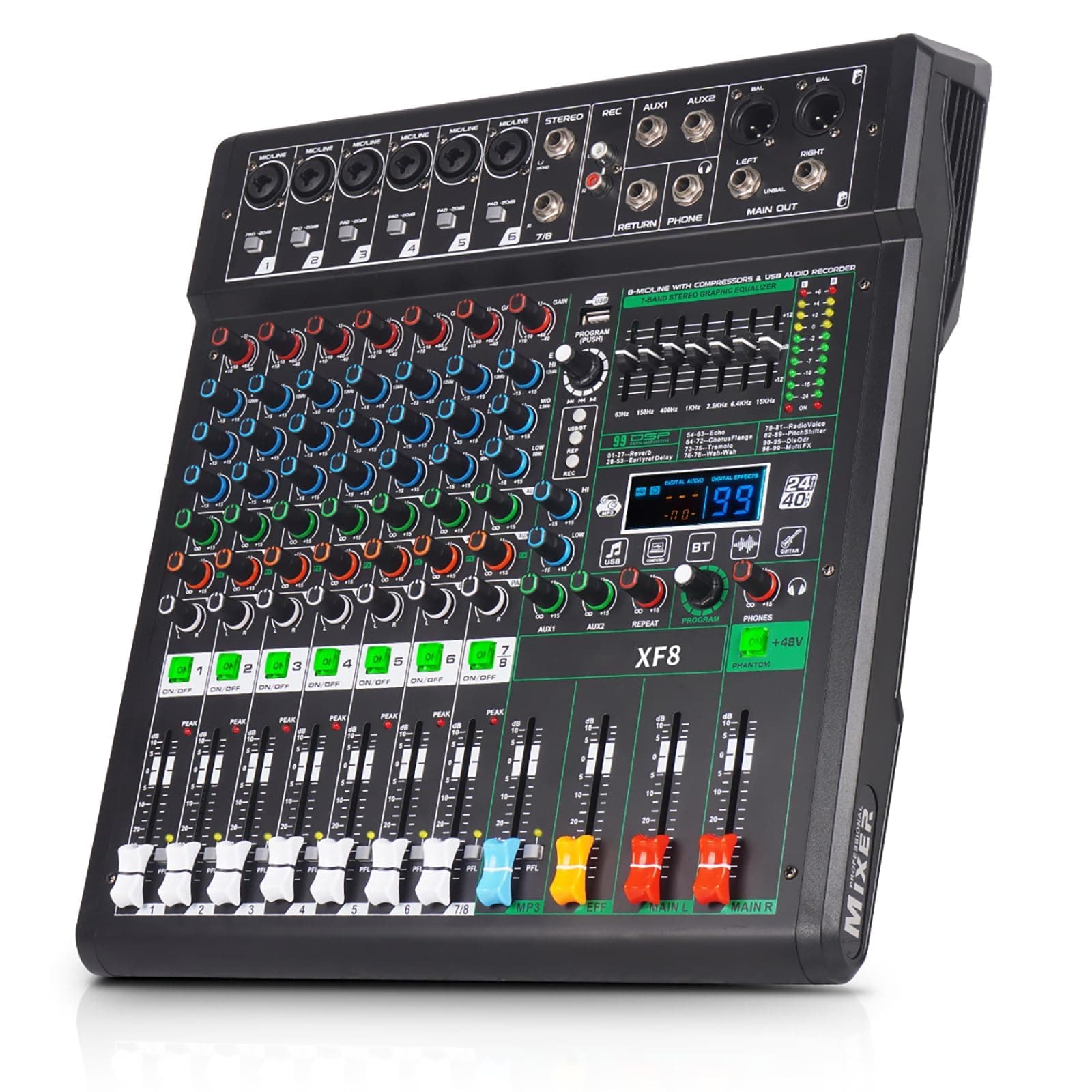 XF8 Professional Audio Mixer Sound Board Console Desktop System Interface 8 Channel Digital USB Bluetooth MP3 Computer Input 48V Phantom Power Supply Built-in 99 Reverb Effect (XF8)