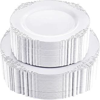 102PCS White and Silver Plastic Plates - Heavyweight Silver Plate - Wedding Plate with Silver Rim - Fancy Dinner & Dessert Plates for 51 Guests Weddings & Parties