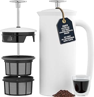 P7 French Press Stainless Steel 304 – Patented Double Walled Micro-Filter Insulated French Press Coffee Maker, Grit-Free Brew - Heat Resistant BPA Free - Matte White (18oz)