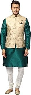 Ethluxis® Men's Silk Blend Kurta Churidar Pyjama with Ethnic Bundi Jacket Set