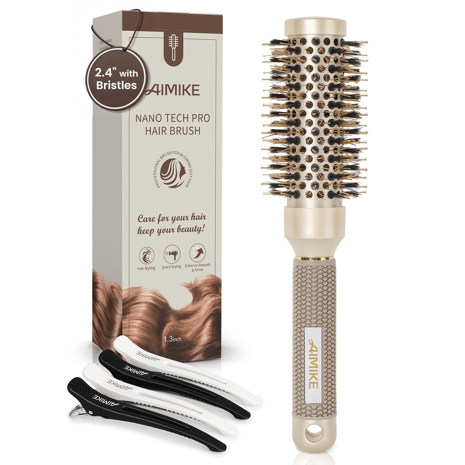 AIMIKE Round Brush, Nano Thermal Ceramic & Ionic Tech Hair Brush, Small Round Barrel Brush with Boar Bristles for Blow Drying, Styling, Curling and Shine (2.4 inch, Barrel 1.3 inch) + 4 Free Clips
