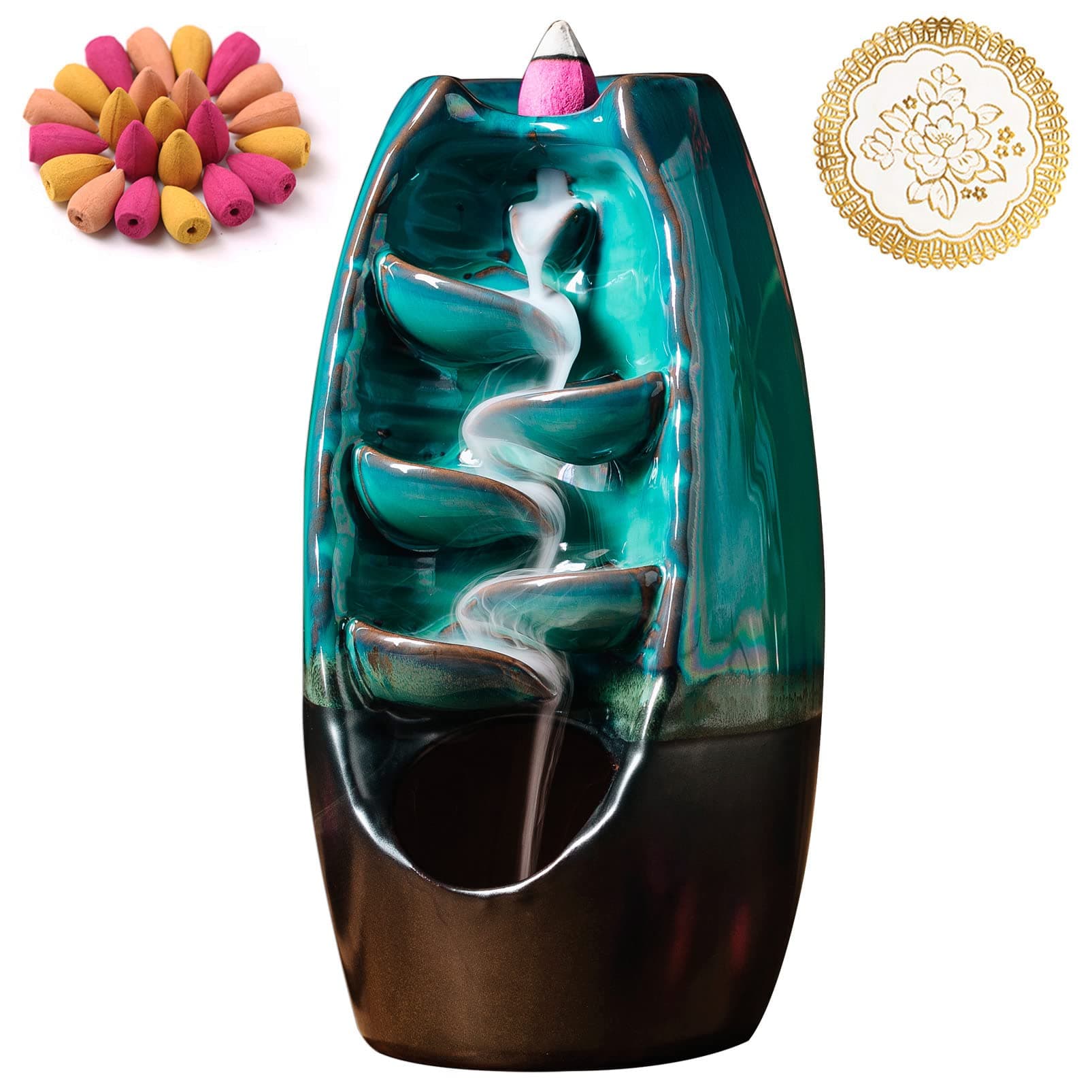 INONE Ceramic Incense Burner with 100 Upgraded Cones, Waterfall Backflow Incense Holder, Aromatherapy Ornament, Zen Decor, Home Decor, Room Decor (Cyan)