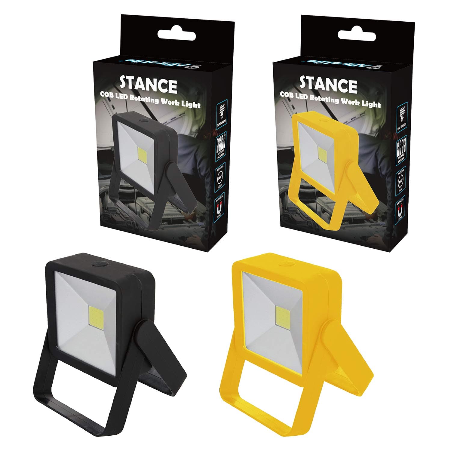 STANCE Kickstand Portable LED Work Light, Hanging Hook & Magnetic Flashlight, Battery Operated Ultra Bright Magnetic LED Light, Inspection Light for Car Repair, Workshop (Batteries Included), Pack of 2