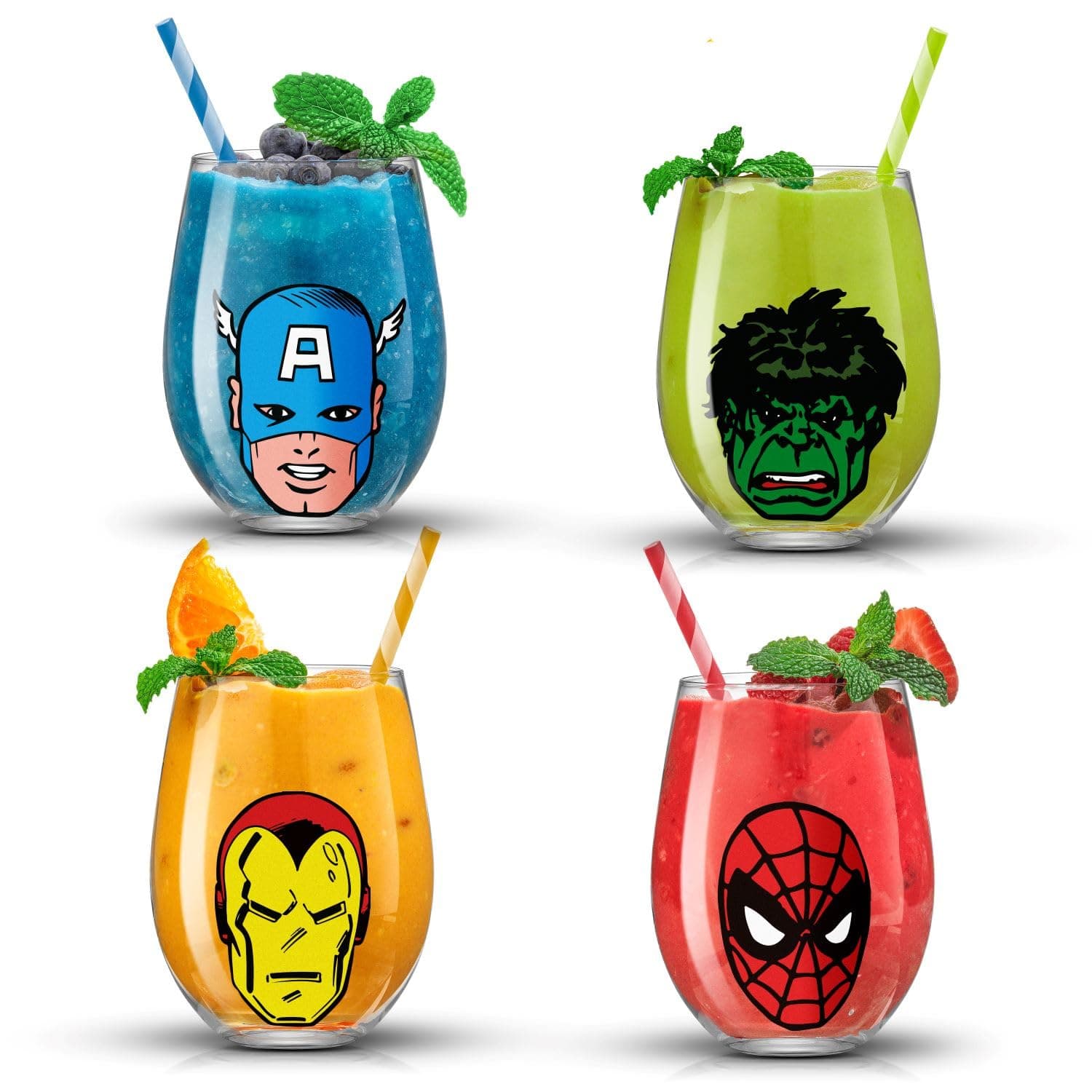 Marvel Heroes Stemless Drinking Glasses, 19oz Superhero Cups ft Hulk Captain America Spiderman and Iron Man, Avengers Glassware Set of 4, Marvel Gifts for Men and Women