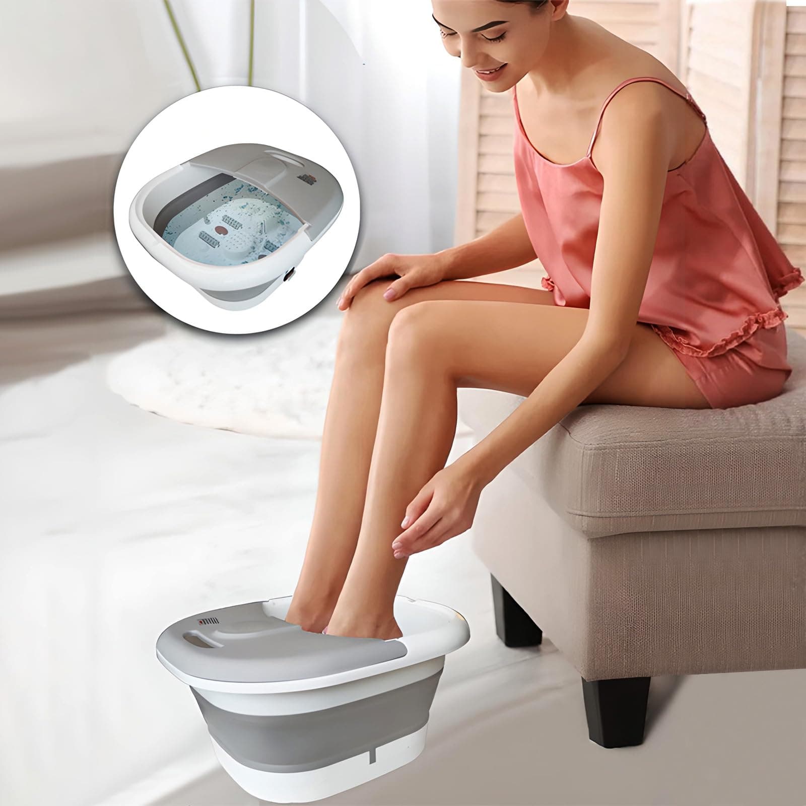 Toshionics Foldable Foot Spa With Heating Bubbles Shiatsu Massager Rollers Mini Feet BathTub Basin Pedicure Bucket For Relieving Fatigue And Body Stress Home Relax Foot Spa Treatment (Grey And White)