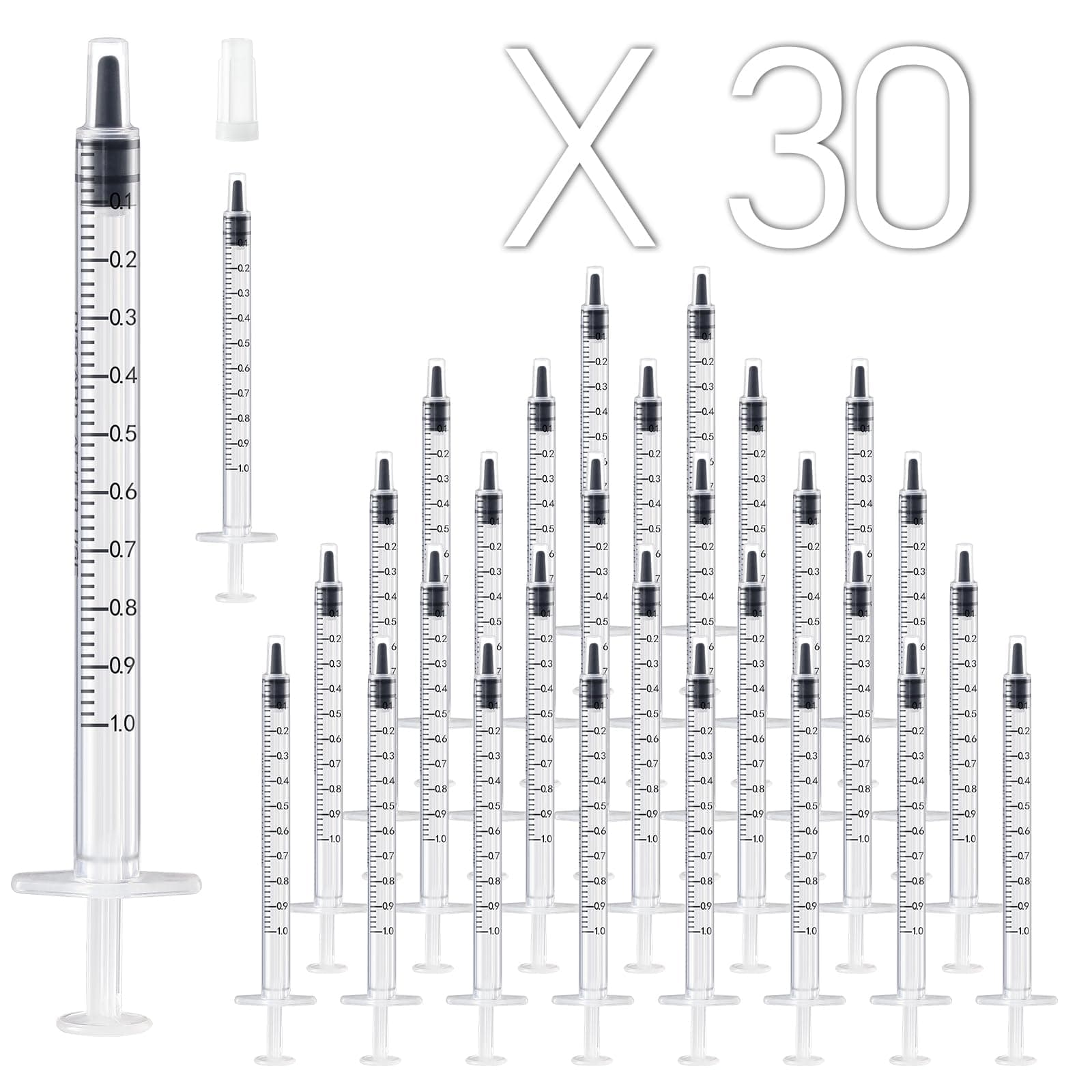 30 Pack 1ml Plastic Syringe with Cap, Sterile and Individually Sealed for Measuring, Watering, Refilling, Feeding Pets, Scientific Labs, Oil or Glue Applicator