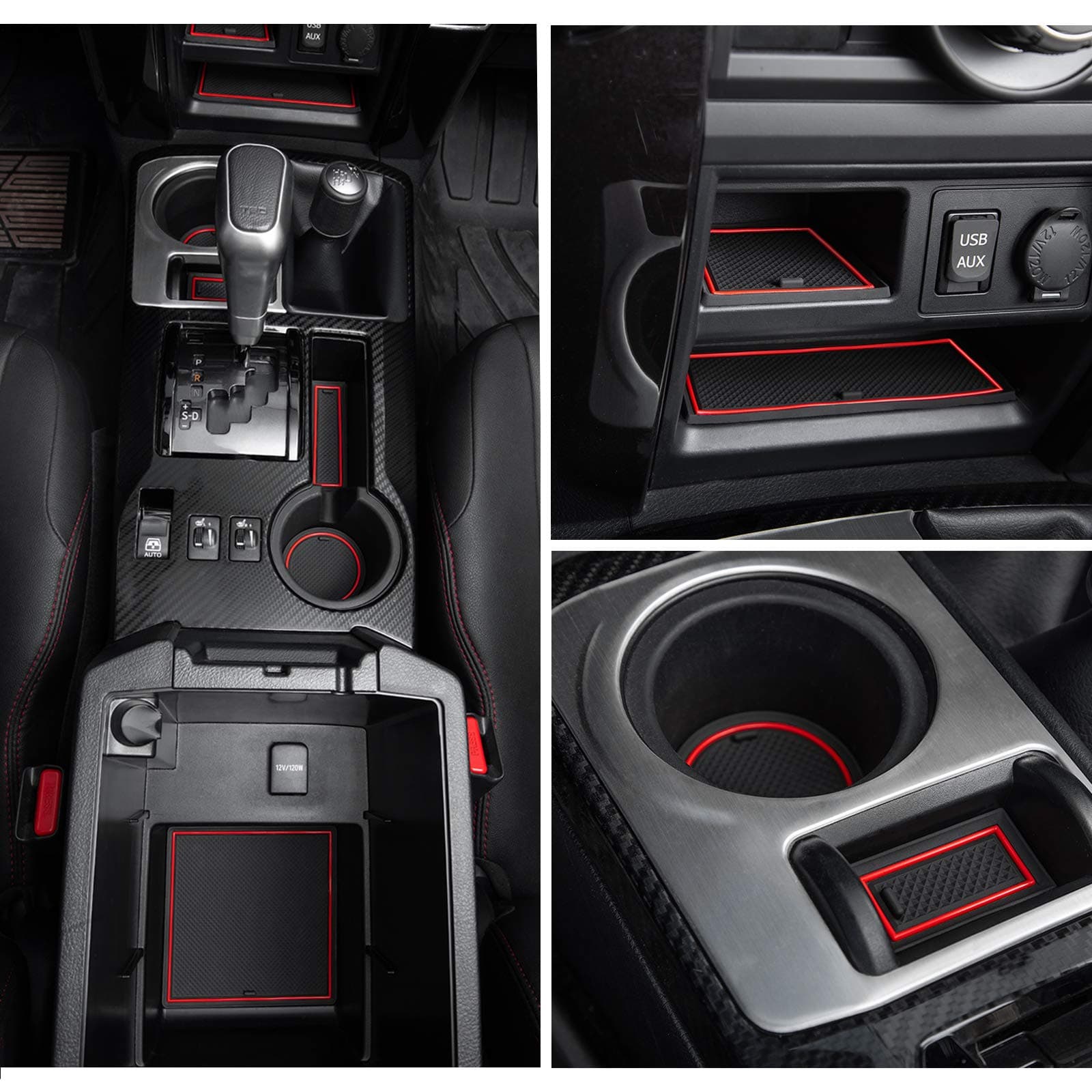 Premium Cup Holder, Console, and Door Pocket Inserts Kit Compatible with Toyota 4Runner Accessories 2010-2024 (2 Row, Red Trim)-27PC Set