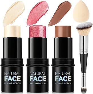 3Pcs Cream Contour Stick Makeup Kit, Shades with Highlighter, Blush and Bronzer Contour Stick for Sculpt the Cheeks, Long Lasting, Waterproof, Matte & Dewy Finish (LIGHT)