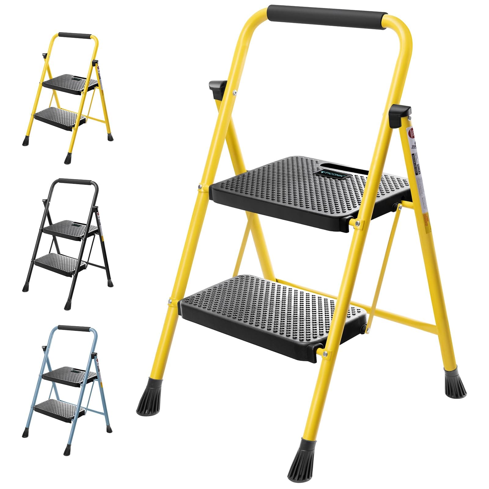 2 Step Ladder, Heavy Duty Foldable Step Stool, Portable Steel Folding Stool for Household Garage Storage (Yellow)